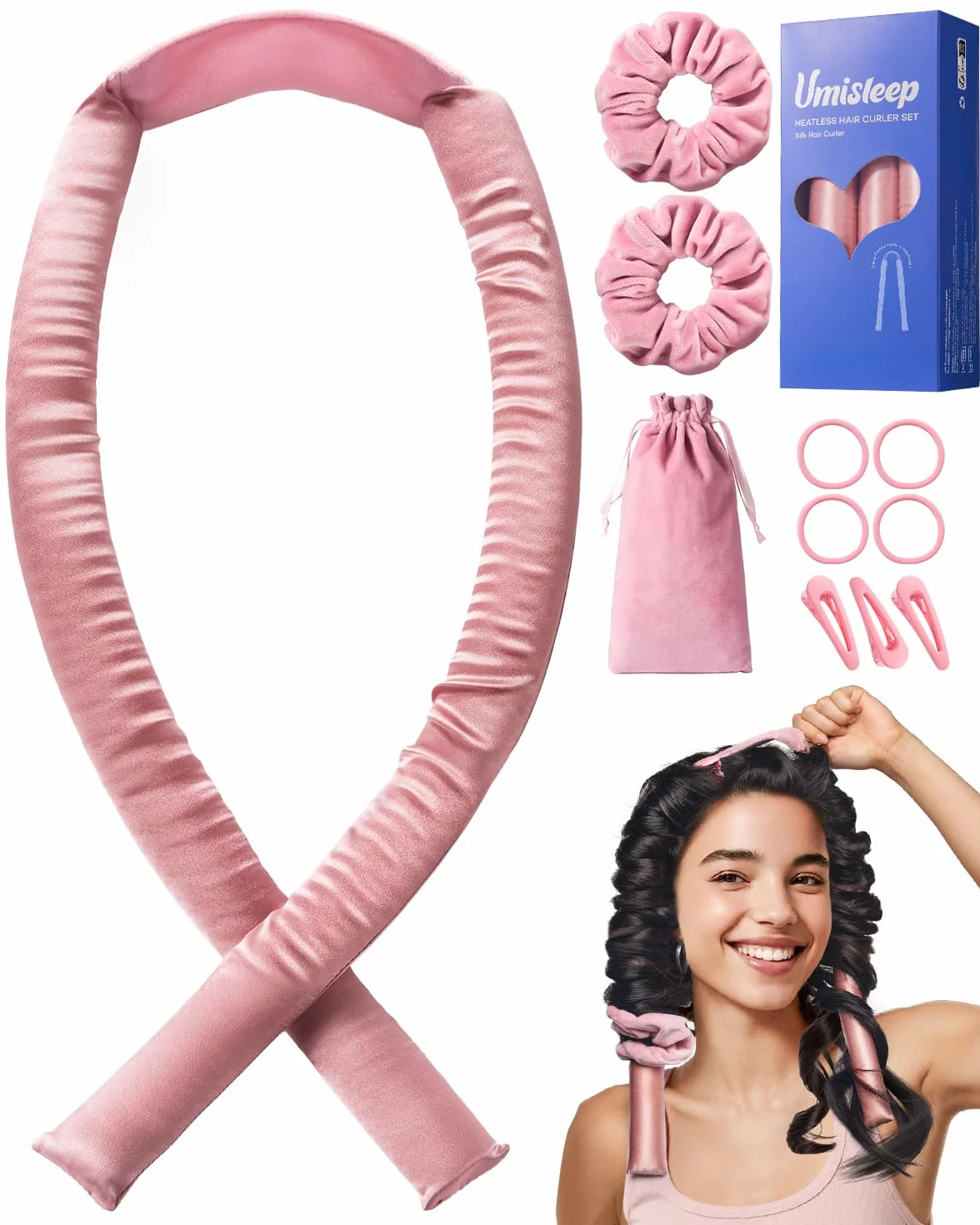 Umisleep Heatless lokówka do włosów, jedwabna ochrona włosów, Heatless Curls z zestawem loków, 99 cm, do samodzielnego wykonania, do długich włosów, antypoślizgowe loki, różowa