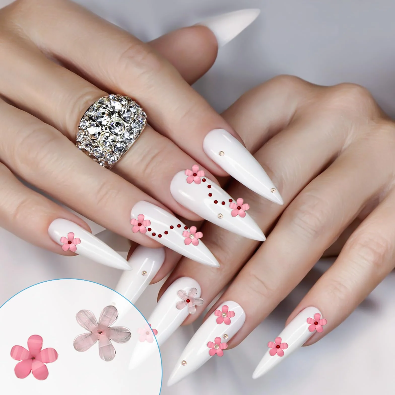 Bewudy Zestaw 500 sztuk ozdób do paznokci, dekoracja 3D, sztuczna żywica, śliczne akcesoria do manicure, kwiaty, kokardki, serca, do dekoracji paznokci, DIY (różowe), 560715_2_7ZHX175TZ