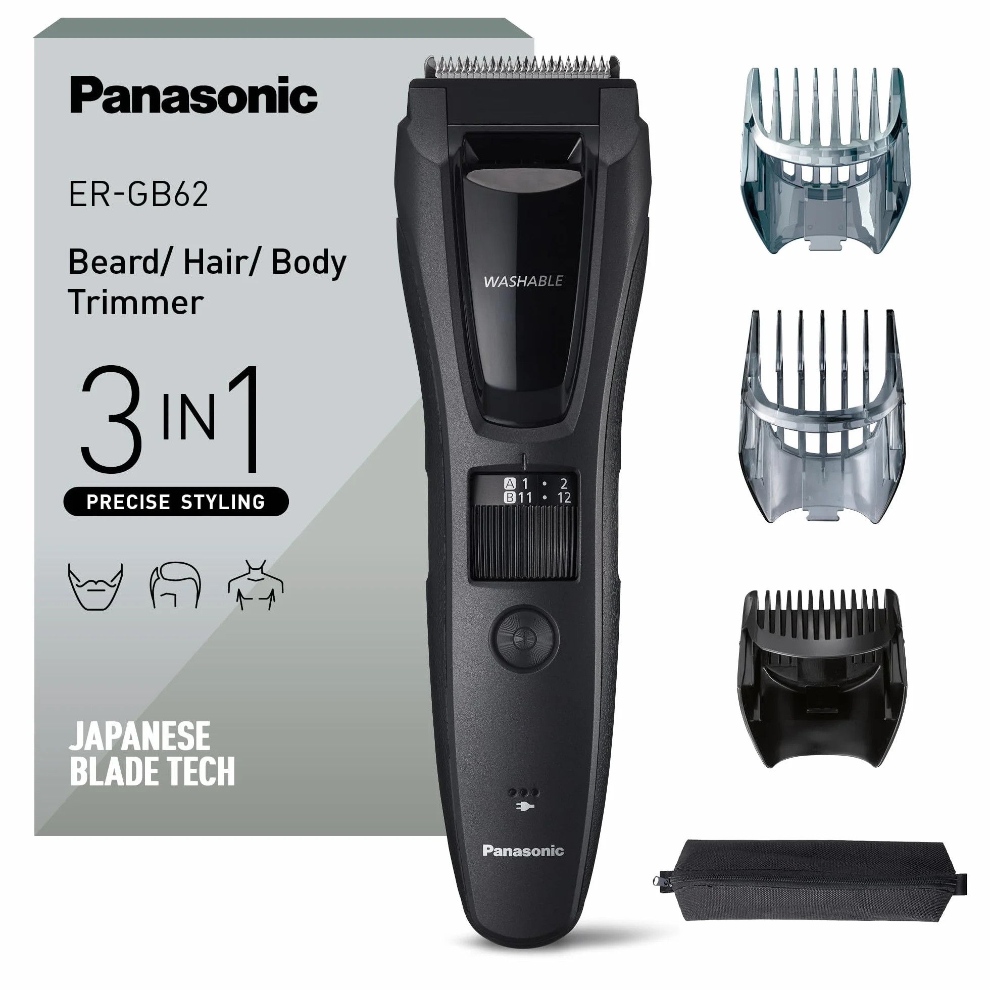 Panasonic ER-GB62 trymer do brody, włosów i ciała (39 ustawień długości, 3 nasadki grzebieniowe, 50 minut pracy, Japanese Blade Tech), szary