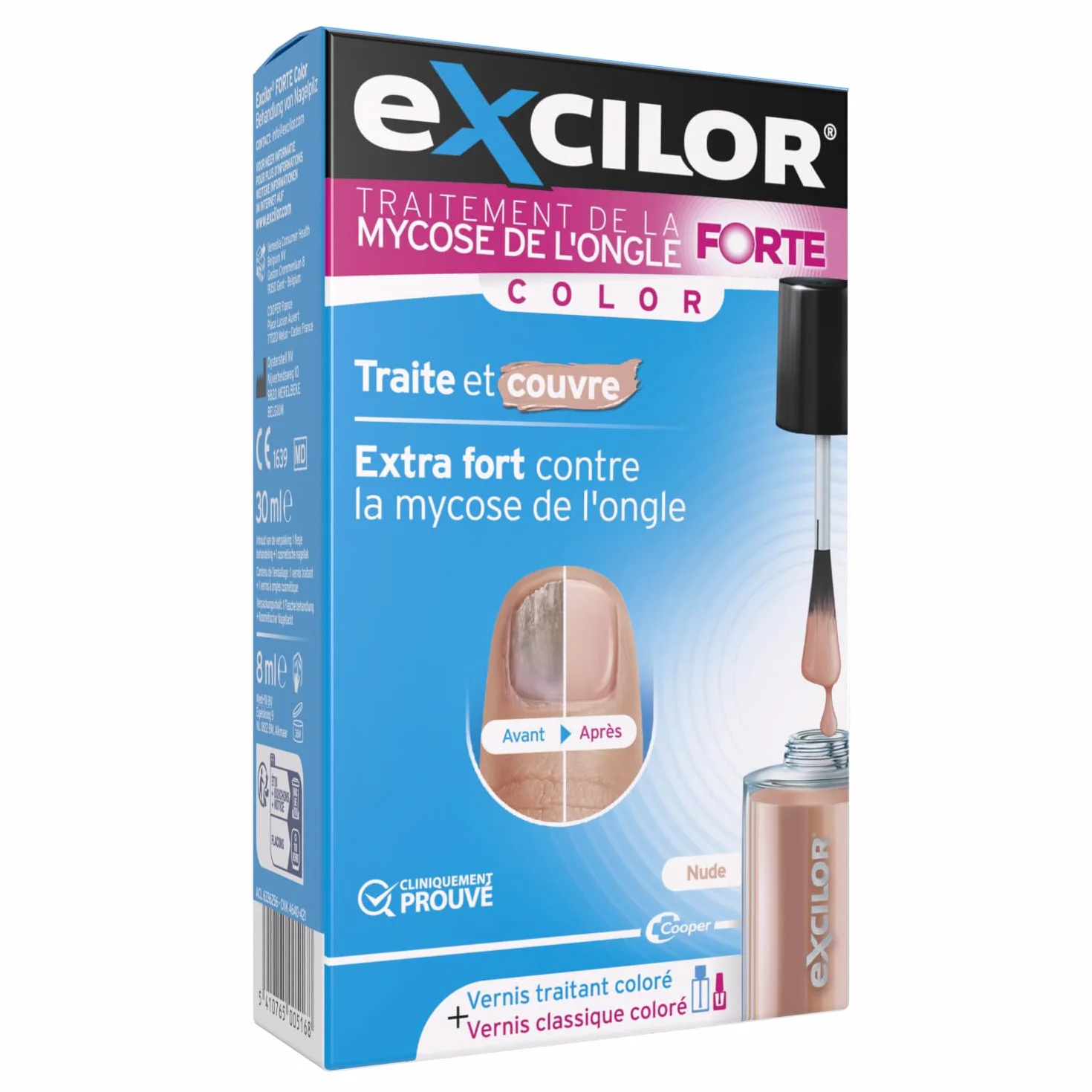EXCILOR - Forte Color - Leczenie grzybicy paznokci - Dojenie i okładki - Zabieg 30ml + Kosmetyczny lakier do paznokci 8ml - Udowodnione klinicznie* - Nude