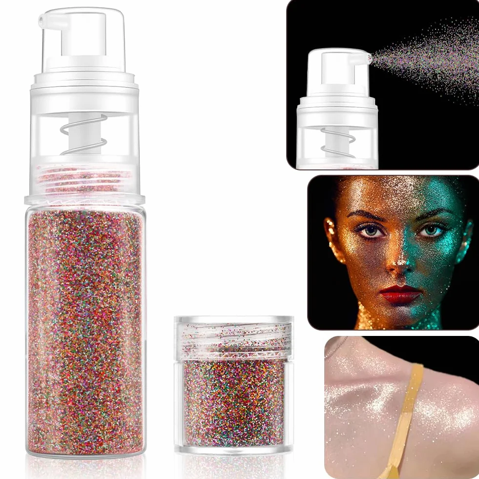 AOOWU Brokat w sprayu, brokat do ciała i włosów z 1 wkładem, brokatowy spray do makijażu w proszku, ultracienki brokat w proszku na Halloween, klub, imprezy, 17 g (kolorowy laser)