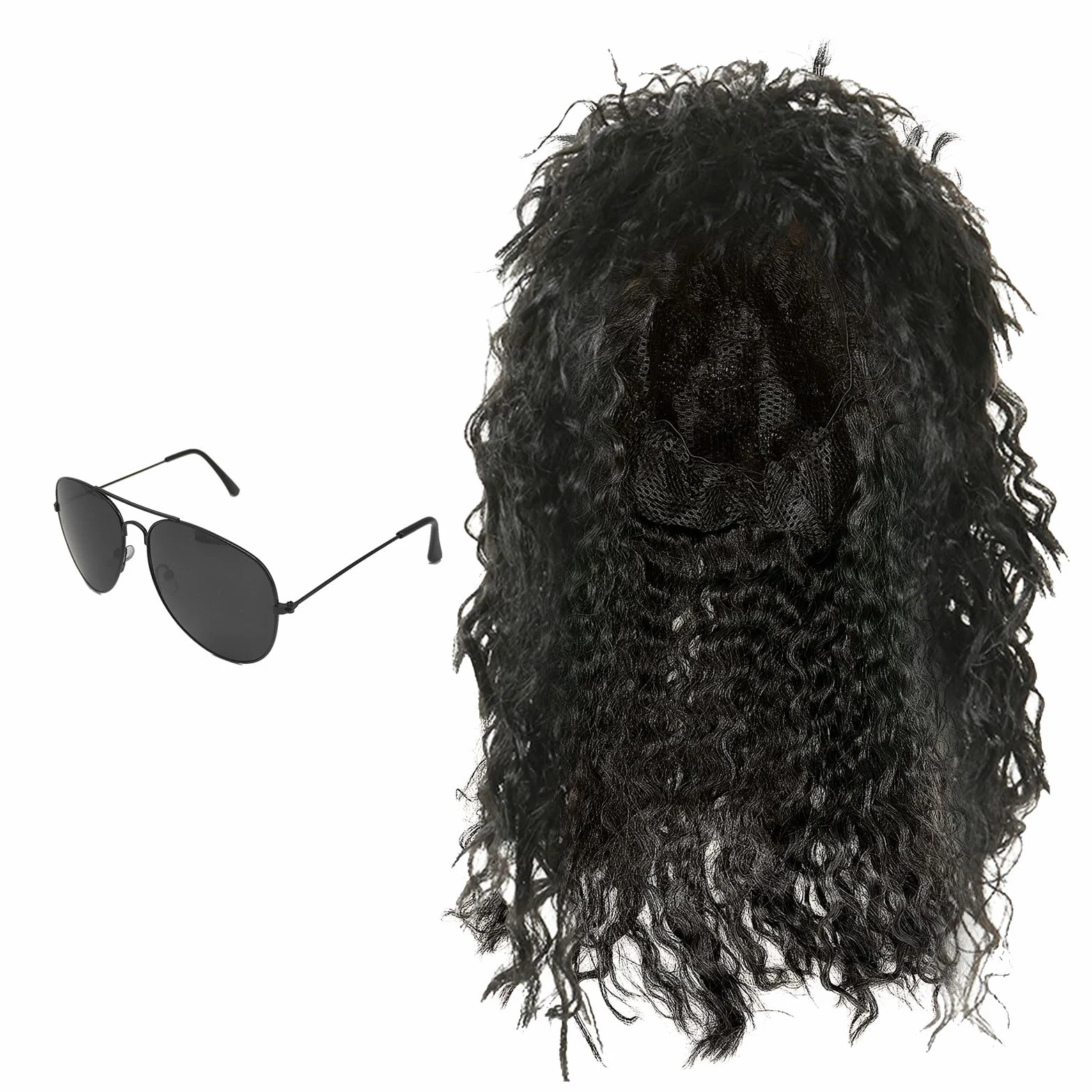 SKHAOVS 2 Szt. Czarny Zestaw Peruki Rock Lata 80-te Męskie Hippie Kręcone na Halloween Karnawał z Okularami Przeciwsłonecznymi (2 Sztuki)