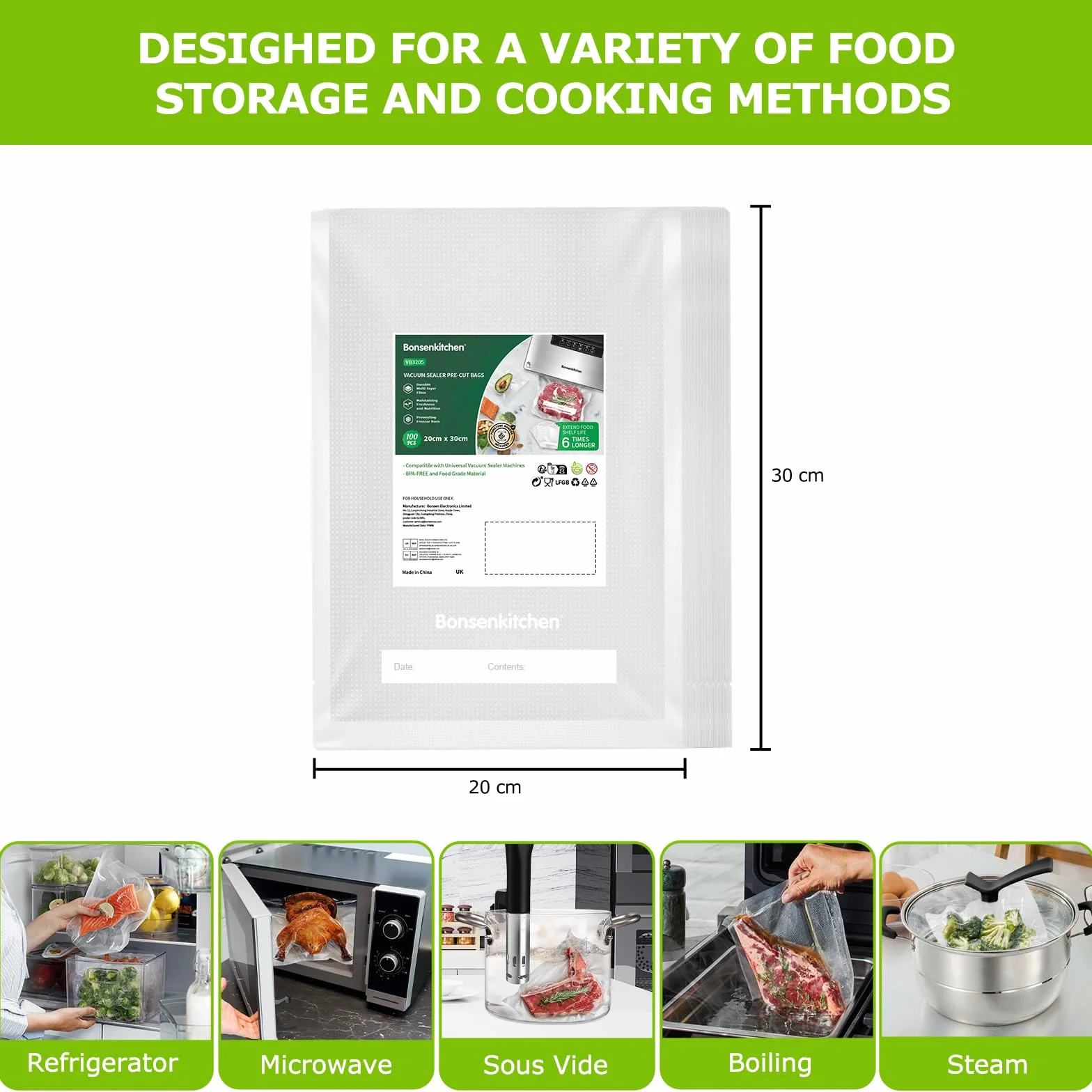 Bonsenkitchen Profesjonalne Worki Próżniowe, do Wszystkich Zgrzewarek Próżniowych, bez BPA, Odporne na Gotowanie, Worki do Zamrażania, do Sous Vide, 20 x 30 cm, 100 Worków