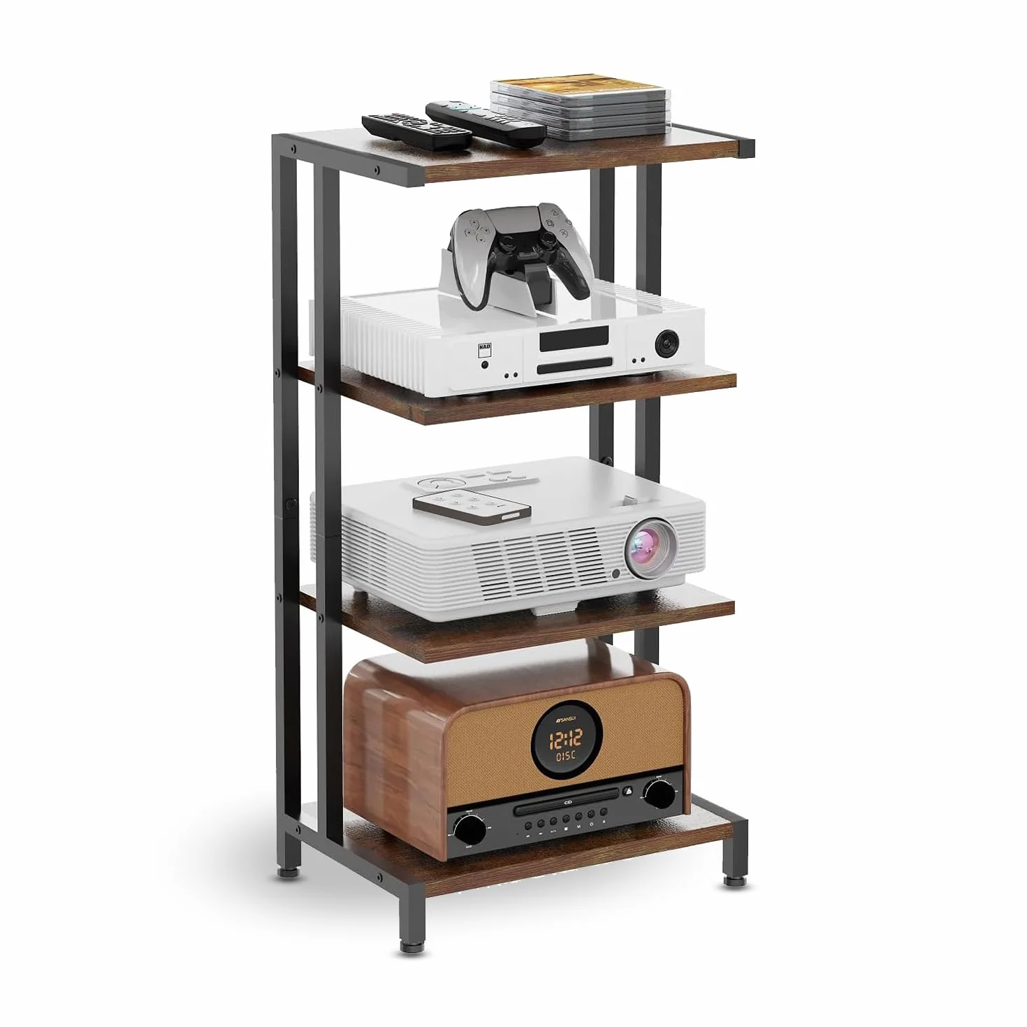 4-poziomowa półka HiFi, półka z drewna i żelaza na gramofony, instalacje audio, systemy stereo, nadaje się do salonu i gabinetu 28D x 42W x 81H cm, kolor czarny/brązowy