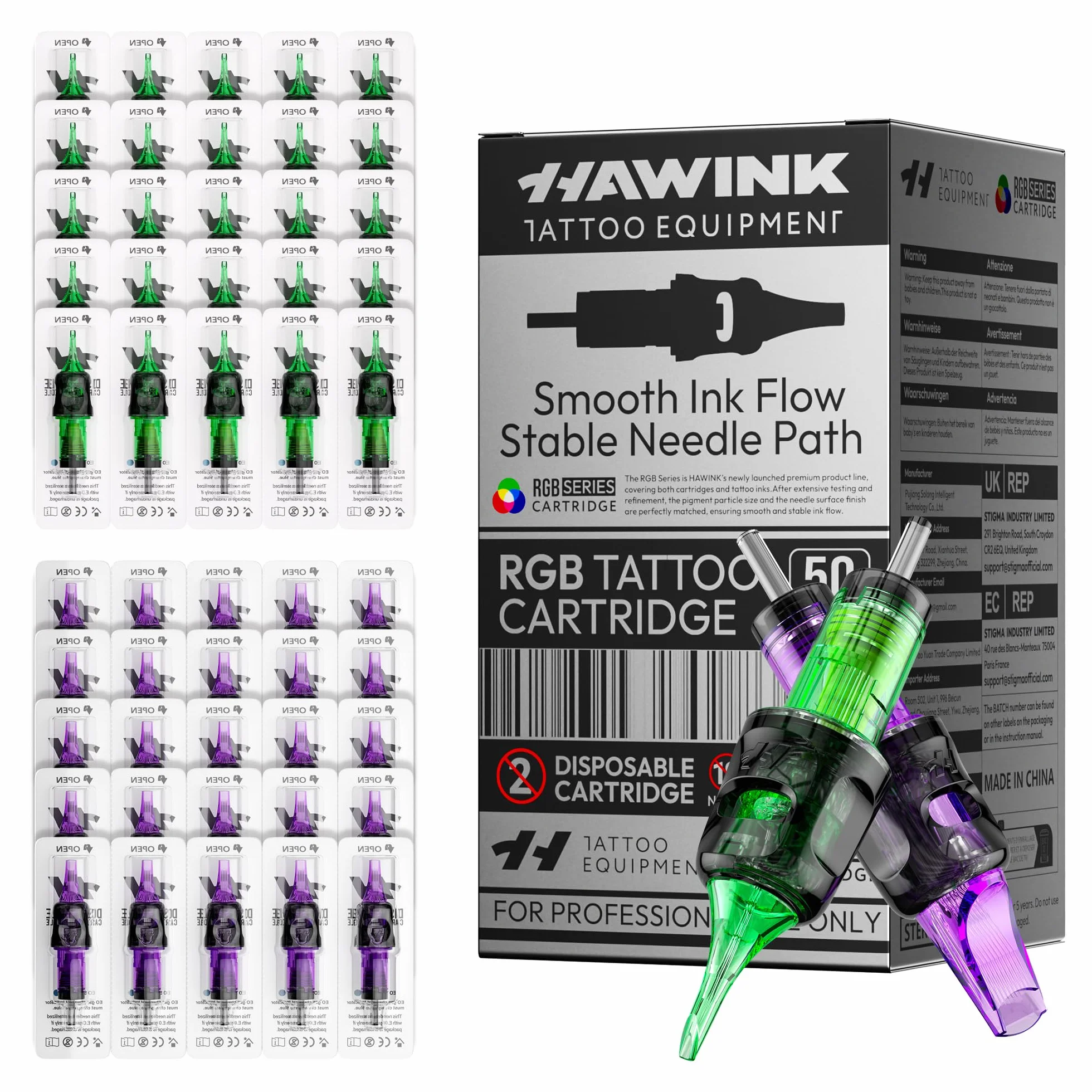 HAWINK Zestaw do tatuażu igły 50 szt. Jednorazowy #12 Standardowa Okrągła Liner/Shader/Magnum 3RL 5RL 7RL 3RS 5RS 7RM 9R 11RM 13RM 15RM Średnica 0,35 mm Profesjonalne akcesoria do tatuaży Zestaw