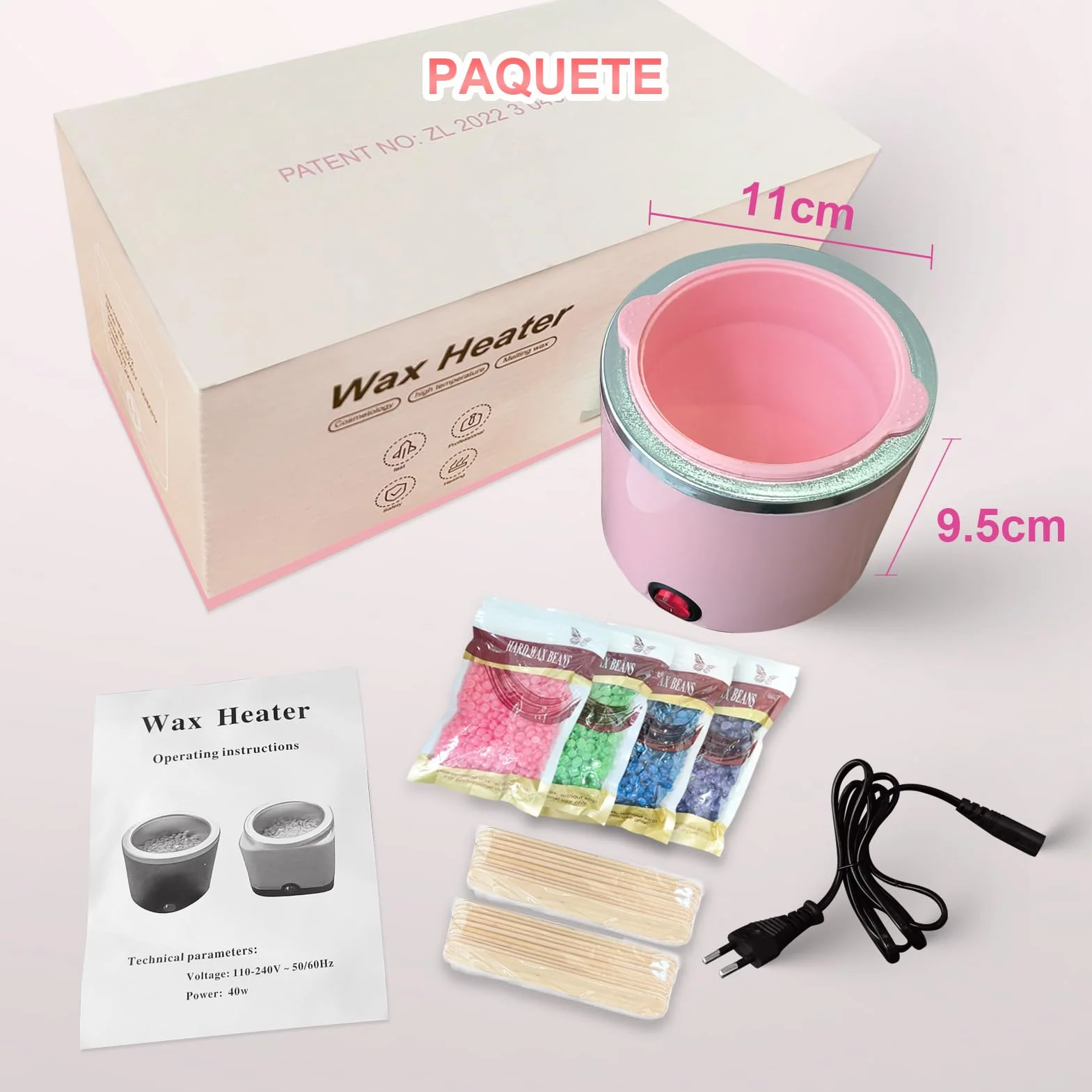 Mini podgrzewacz do wosku do depilacji, maszyna do depilacji gorącym woskiem z silikonowym pojemnikiem 200 ml, kompletny zestaw 4 torebek z woskową perłą, 20 szpatułek (różowy, okrągły)