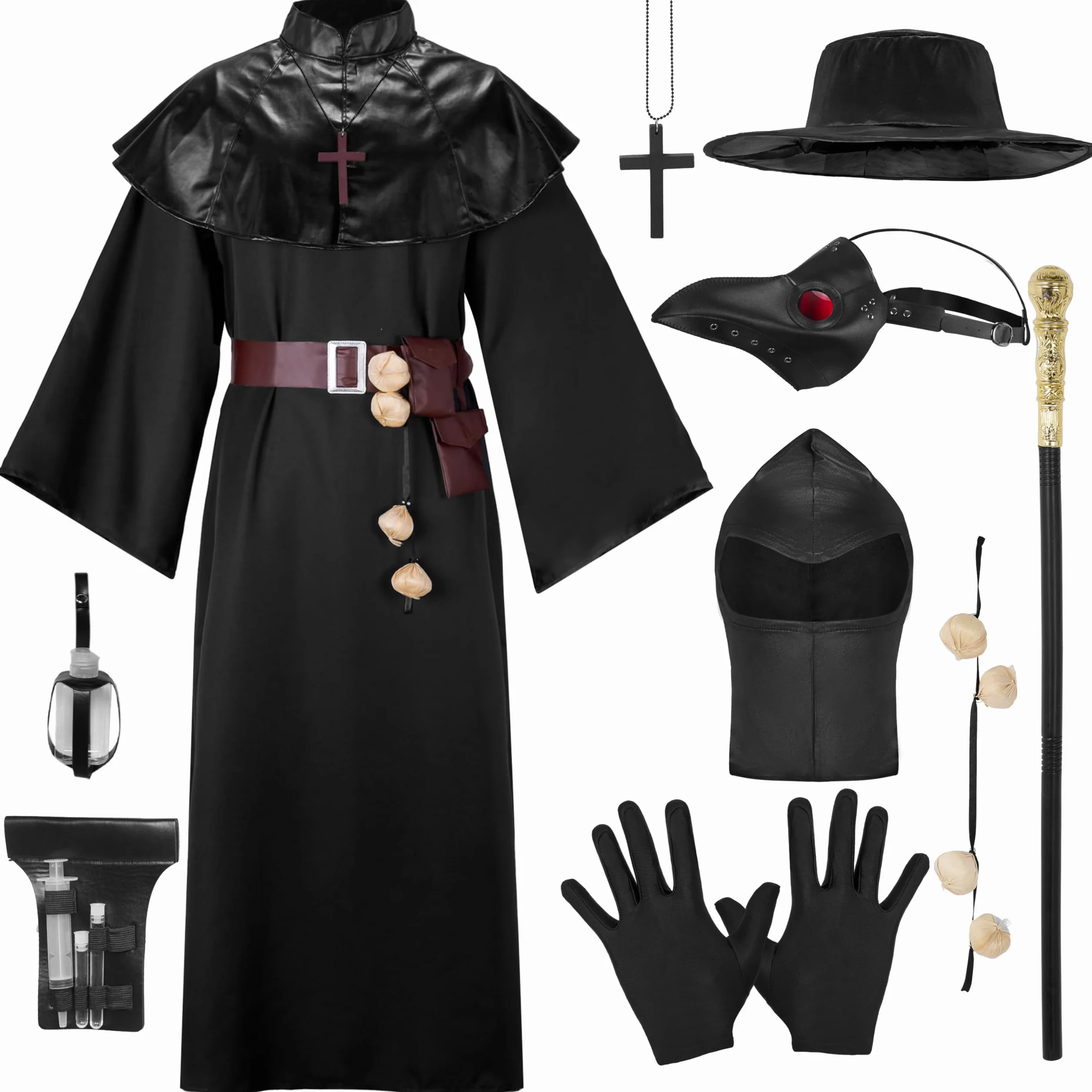 Spooktacular Creations Męski czarny kostium lekarza zarazy z kapeluszem, maską, szalem, szatą, rękawiczkami, paskiem, czosnkiem, berłem