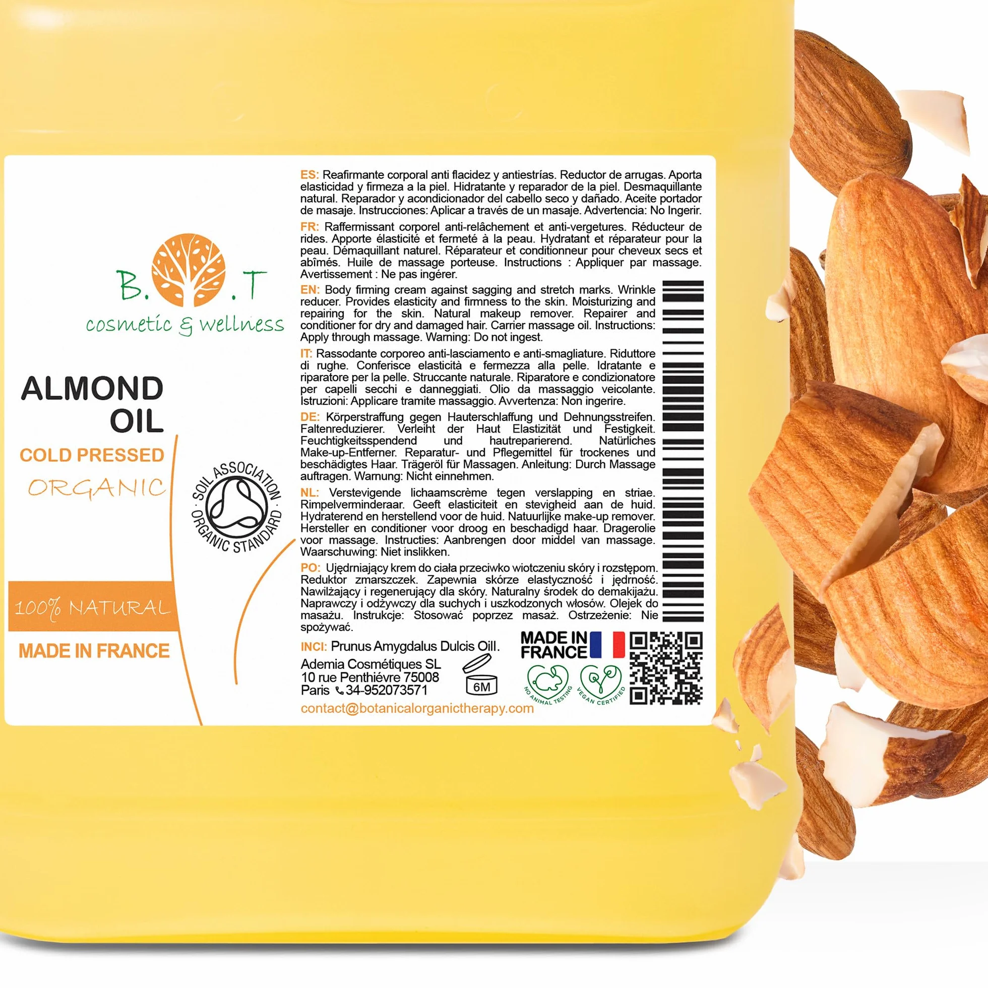 Organiczny Olej Migdałowy, Tłoczony na Zimno, Czysty, Naturalny. Profesjonalny Olejek do Masażu, Włosów i Rzęs, Nawilżania ciała (Paznokcie) Twarzy (Przeciwstarzeniowy) na Rozstępy Ciąży - 1000 ml
