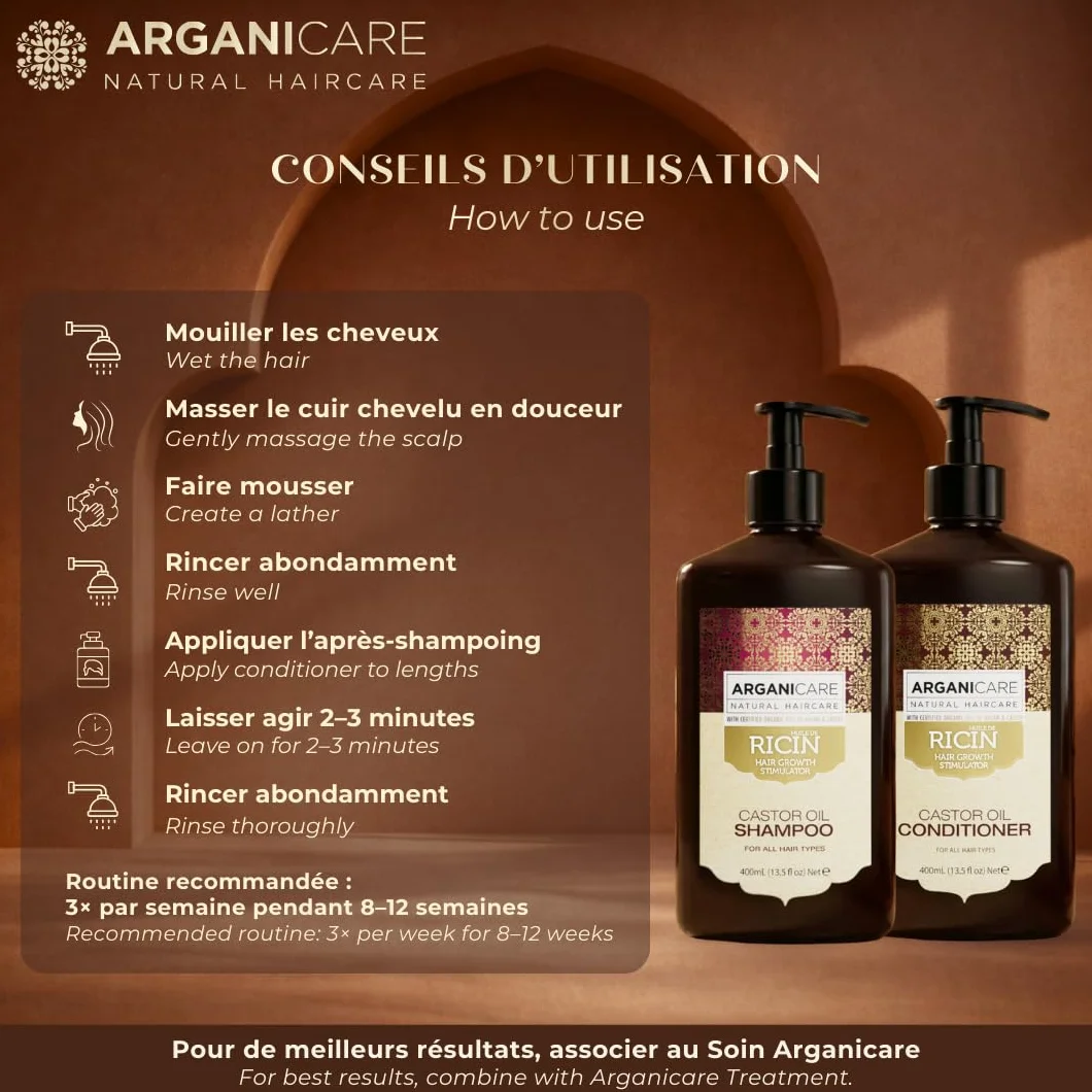 ARGANICARE | Zestaw Duo Ricin | Szampon + Odżywka Wzrost & Wzmocnienie | Wszystkie rodzaje włosów |.Siła i Nawilżenie | 2 x 400 ml