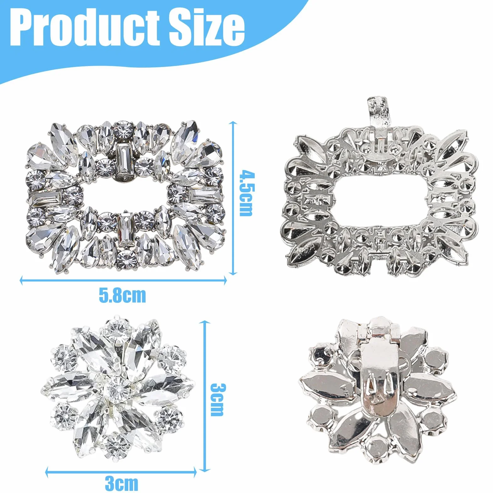 1 para klipsy na buty damskie broszki do butów klips do butów Kryształowa klamra do butów do dekoracji odpinanych butów na wysoki obcas Ślub Party Silver, 5.8x4.5cm, Stop, Stop