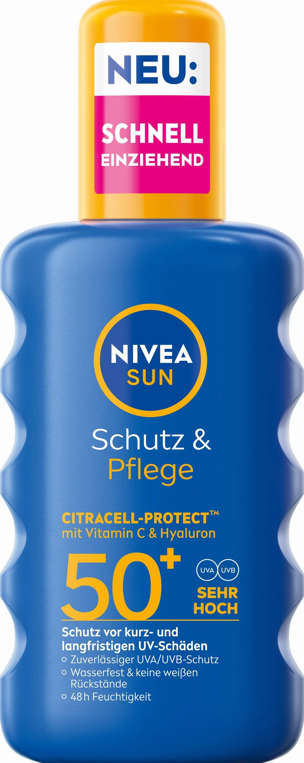 NIVEA SUN Ochrona i pielęgnacja spray przeciwsłoneczny LSF 50+, wodoodporny krem przeciwsłoneczny w sprayu z witaminą C i kwasem hialuronowym, szybko wchłaniająca się ochrona przed słońcem dla 48 h