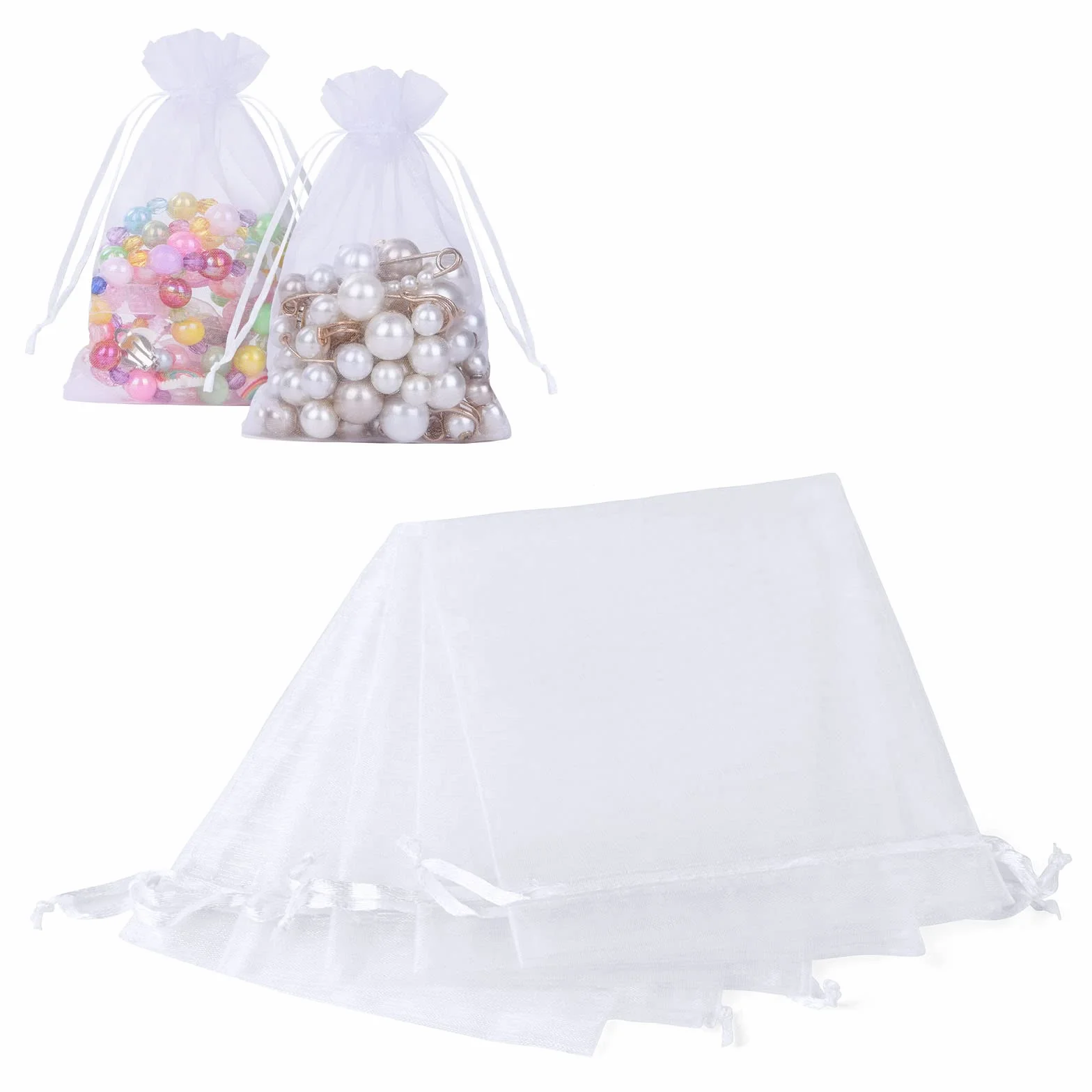 Aucuu Woreczki z organzy, 105 sztuk, małe, 10 x 15 cm, na wesele, biżuterię, cukierki, prezent ślubny, dla gości, na imprezę z okazji narodzin dziecka, Boże Narodzenie, jubileusz, białe
