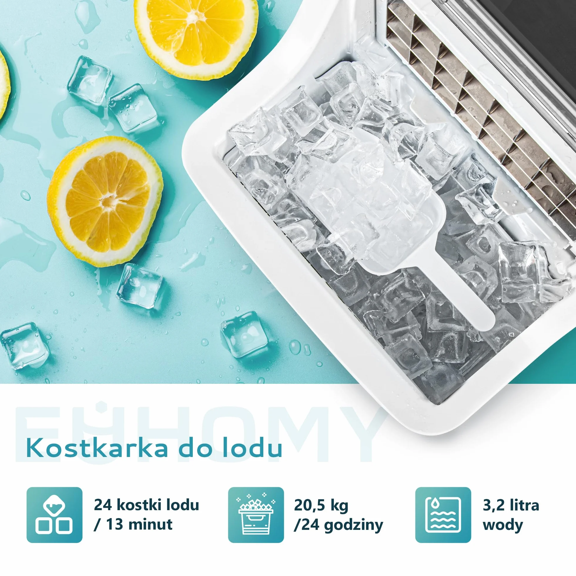 EUHOMY Kostkarka do lodu ze stali nierdzewnej, 24 kostki lodu w ciągu 13 minut, 24 kg/24 h, samoczyszcząca kostkarka do lodu 3,2 l, z szufelką do lodu i koszem, do domu, kuchni, biura, baru, kampera
