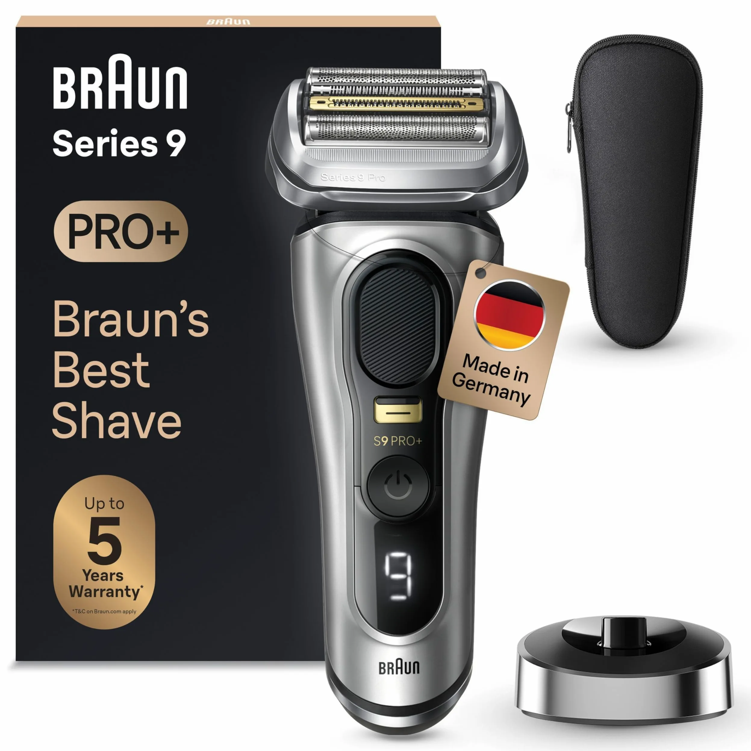 Braun Series 9 Pro + elektryczna golarka męska z 5 elementami do golenia Pro, maszynka do długich włosów ProTrimmer, stacja ładująca, czas pracy 60 min, na mokro i sucho, wyprodukowano w Niemczech,