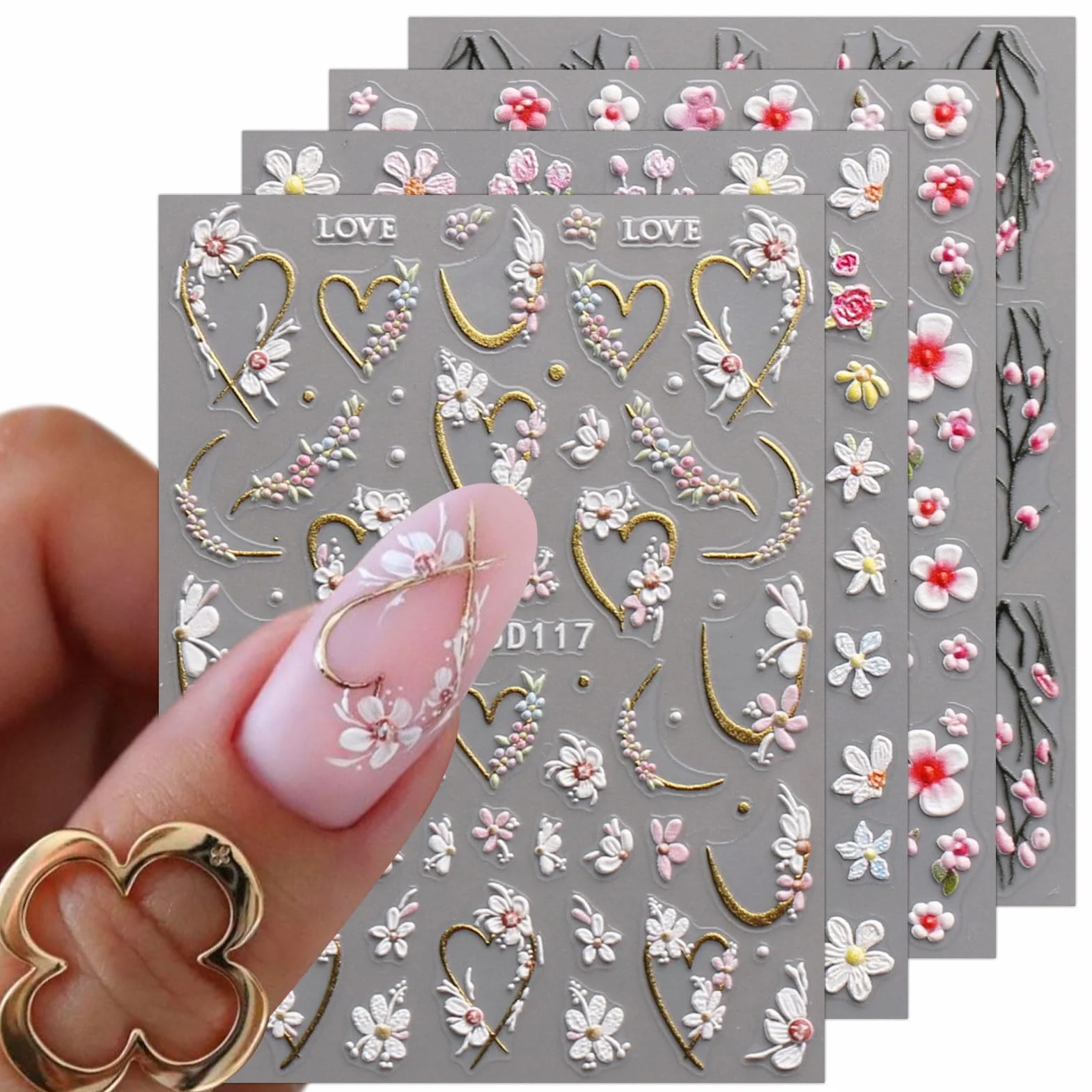 JMEOWIO 3D Kwiat Naklejki na Paznokcie 4 Arkuszy Nail Art Sticker Samoprzylepne Naklejek na Paznokcie Dekoracji Paznokci