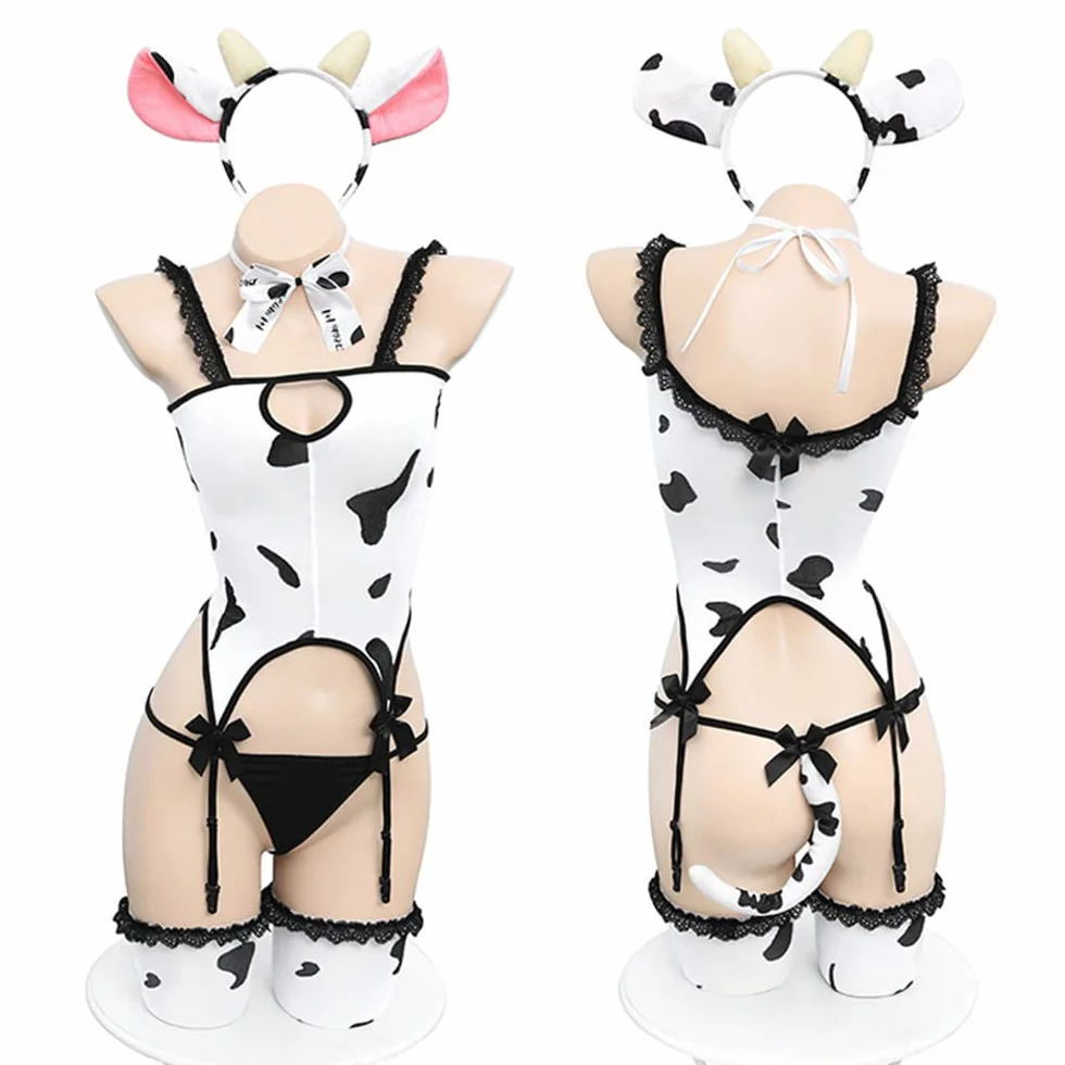JasmyGirls Damska seksowna pokojówka cosplay bielizna futrzana mleczna krowa kostium kawaii anime zestaw bikini mini panterka biustonosz i majtki strój (biały 3)