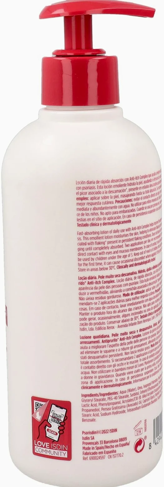 ISDIN Psorisdin Emollient, Codzienny balsam, nawilża, usuwa łuski i zmniejsza zaczerwienienia skóry osób z łuszczycą, 400 ml