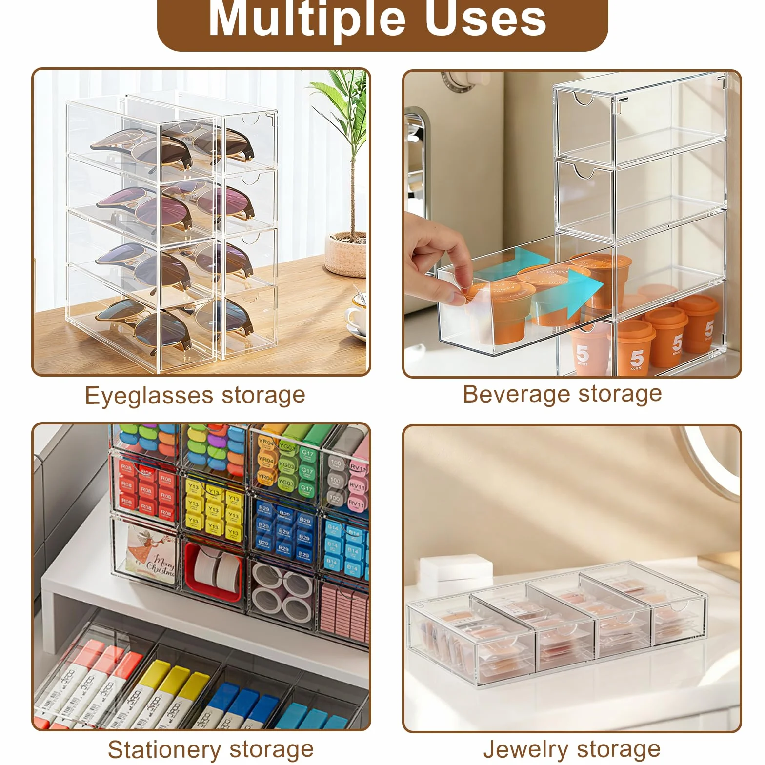 Akrylowy organizer na okulary, 6,5 x 17,5 x 24,5 cm przezroczysty organizer na okulary przeciwsłoneczne z 4 szufladami, możliwość układania w stosy, do przechowywania biżuterii i kosmetyków