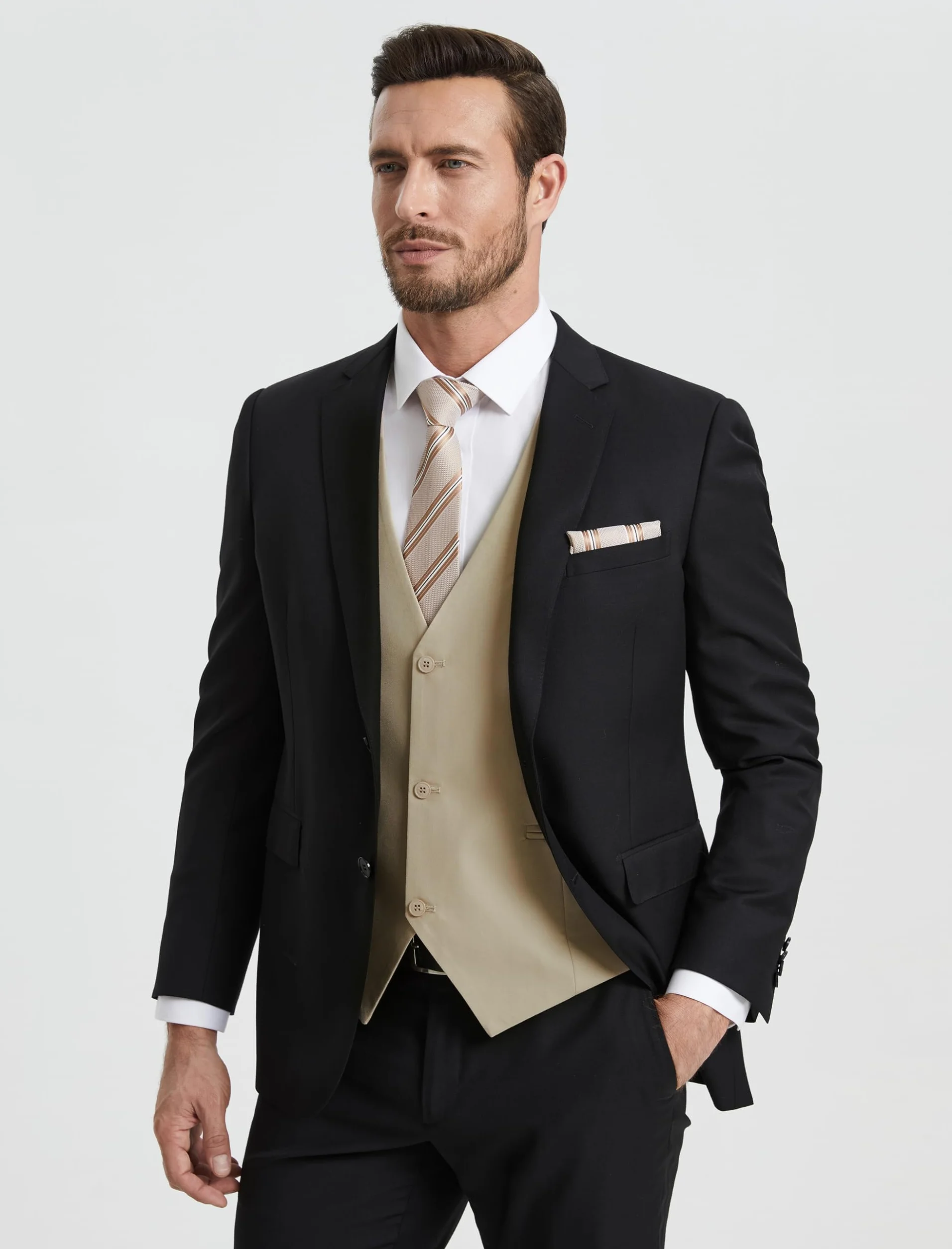 HISDERN Kamizelka garniturowa męska, elegancka kamizelka ślubna, regularny krój, klasyczna, formalna kamizelka garniturowa, jednokolorowa, dla pana młodego, smokingowa, kamizelka dla mężczyzn, z 3