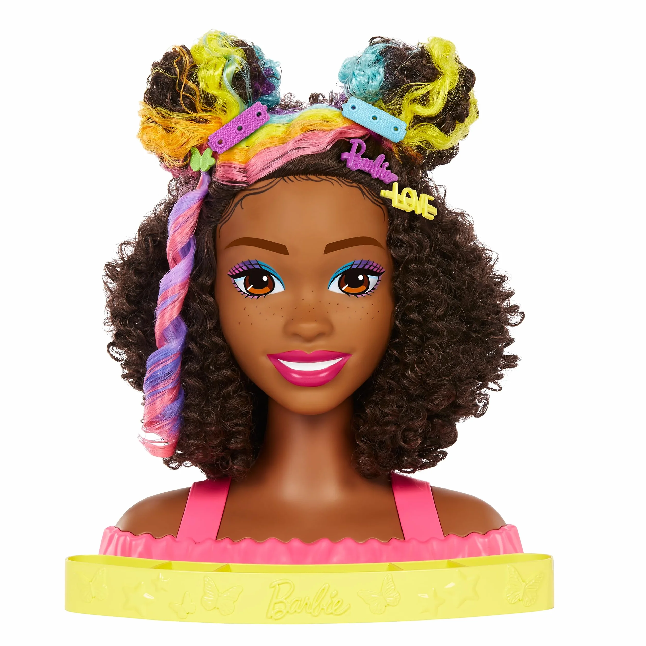 Barbie Głowa do stylizacji Neonowa tęcza Kręcone włosy z neonowo-tęczowymi pasemkami + akcesoria Color Reveal, HMD79