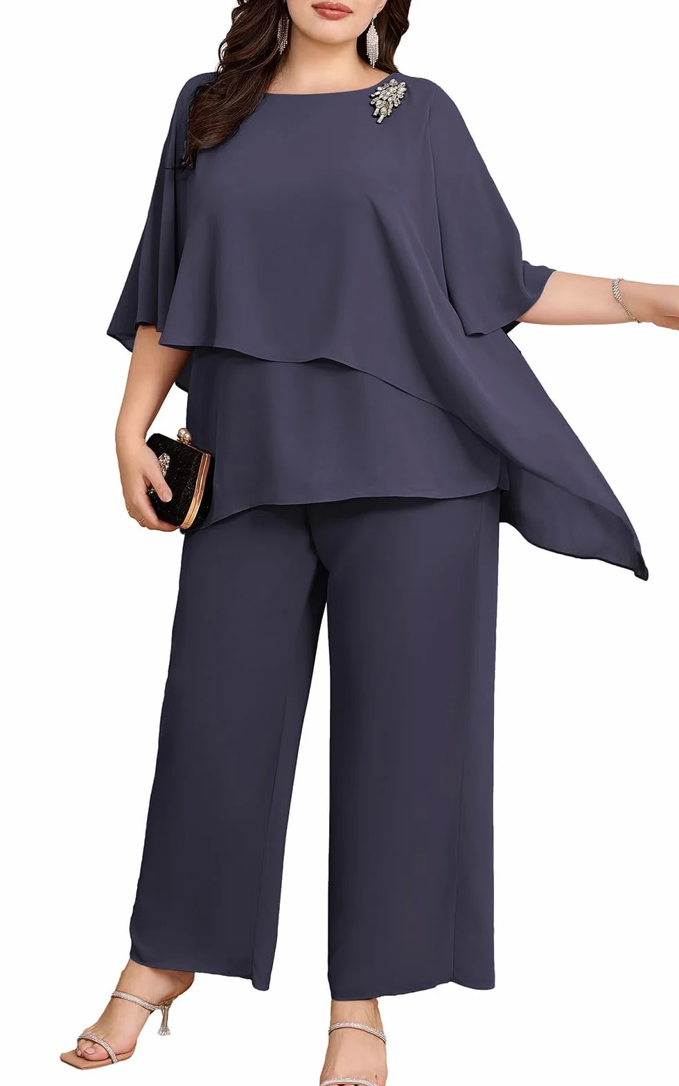 Hanna Nikole Damskie eleganckie zestawy garniturów wieczorowych plus size, 2-częściowy zestaw, przyjęcie koktajlowe, odświętne spodnie, dwuczęściowy strój szyfonowy, koszula i spodnie z wysokim stanem