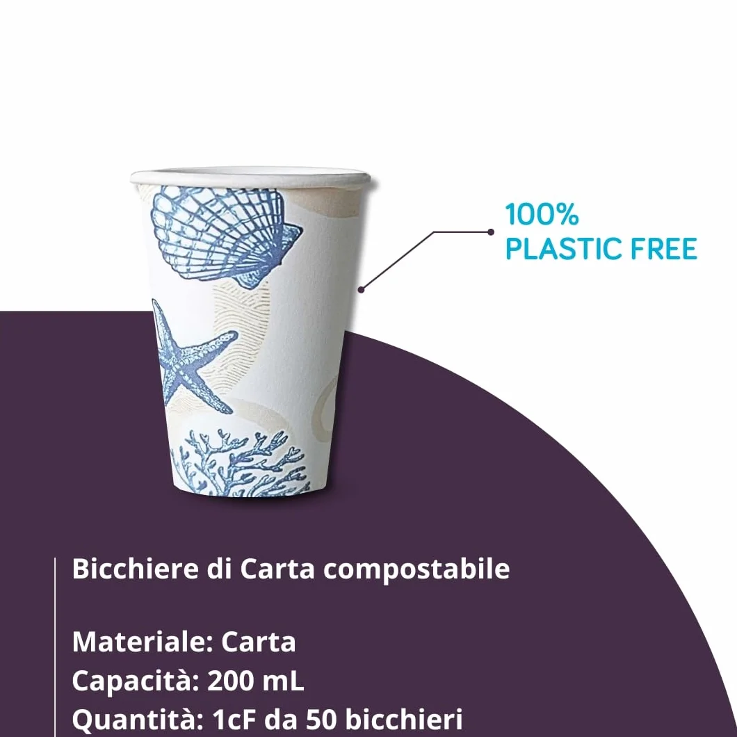 MAQA Papierowe kubki 200 ml - Sea Shell - 50 sztuk - Ekologiczne i biodegradowalne jednorazowe kubki - idealne na kawę, wodę, urodziny i imprezy