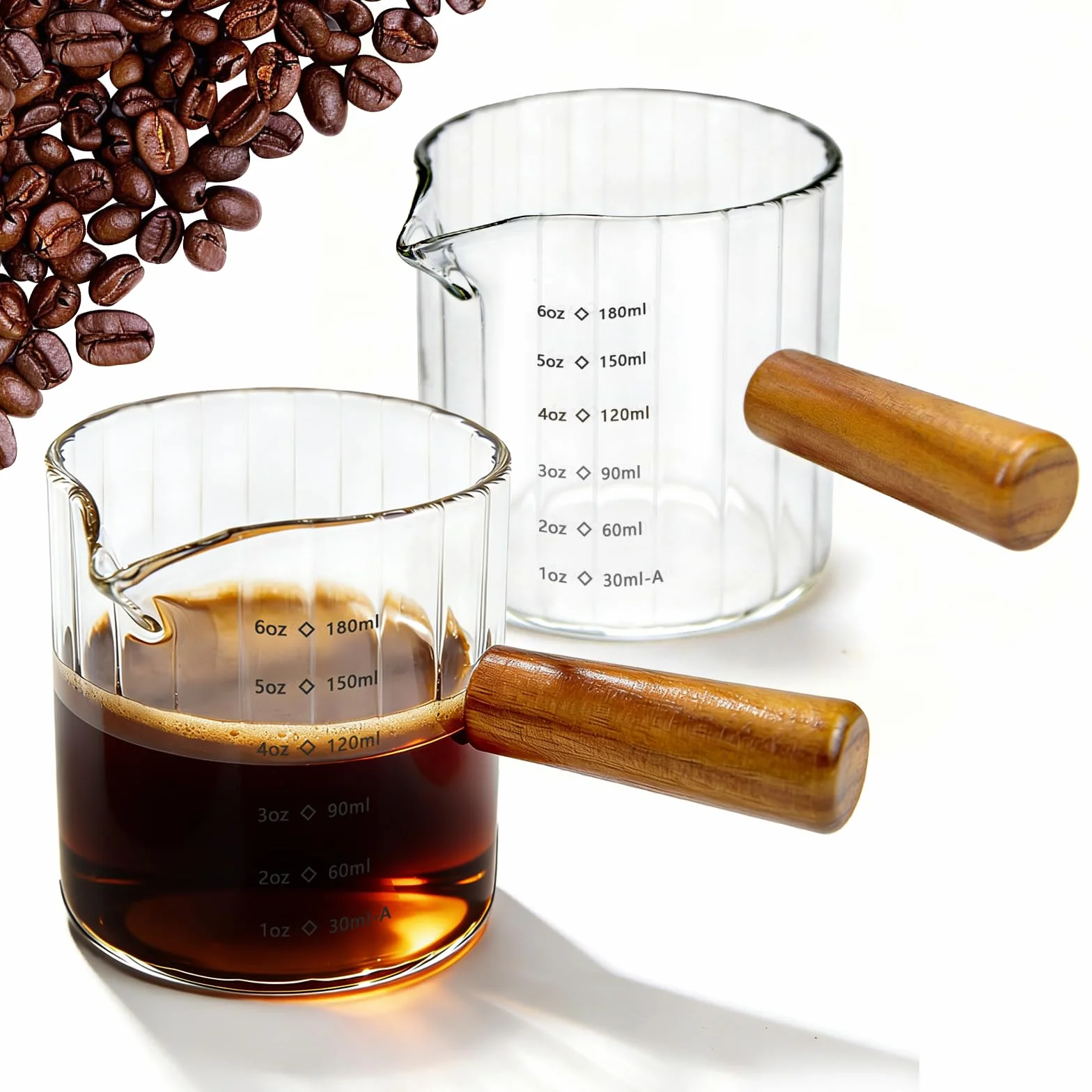 Zestaw 2 Filiżanek do Espresso z Drewnianym Uchwytem – 180 ml, Szkło Borokrzemianowe z Podziałką, Przezroczyste, Wylewka w Kształcie Litery V – do Domu, Biura i Kawiarni