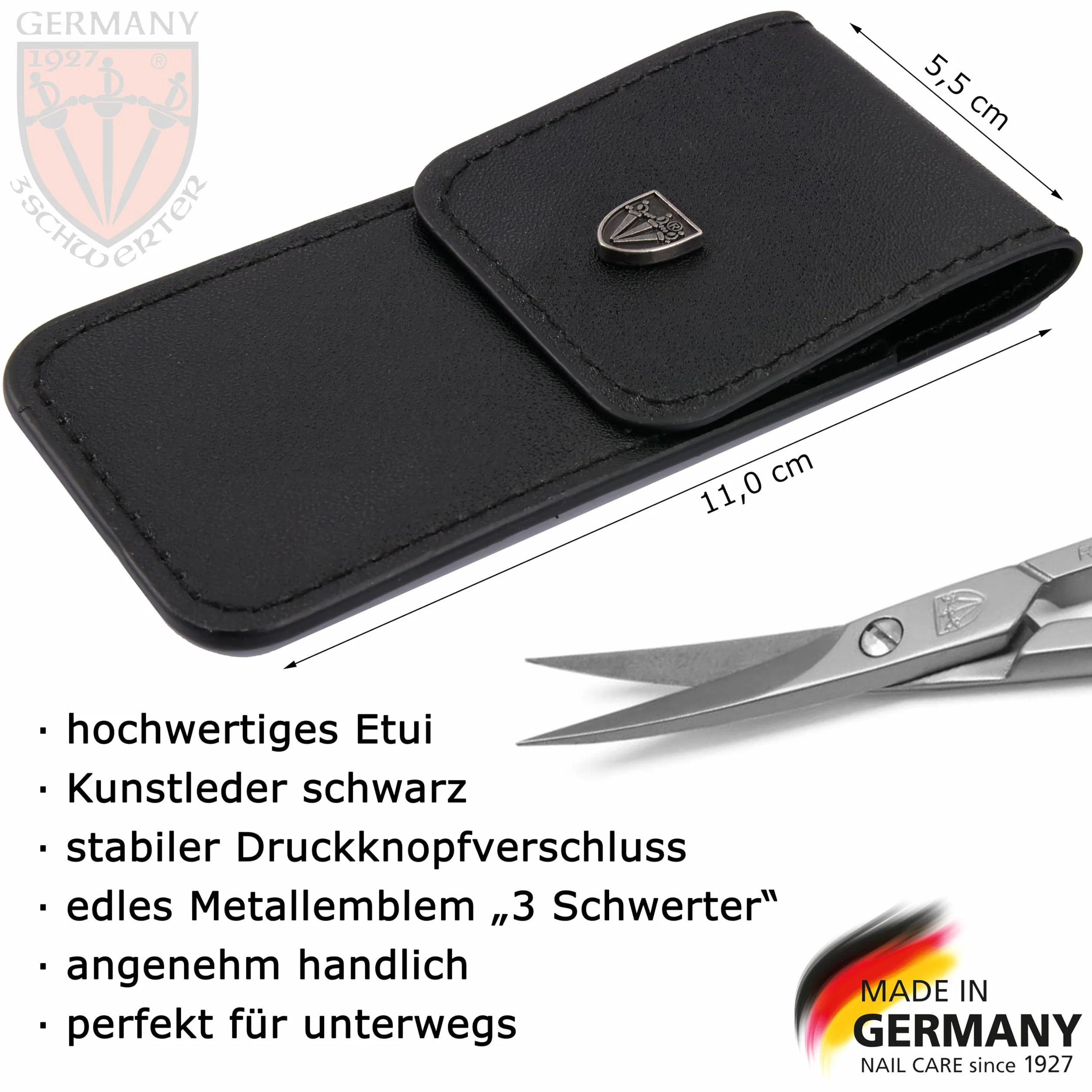DREI SCHWERTER Nożyczki do skóry wygięte nierdzewne Made in Germany z etui