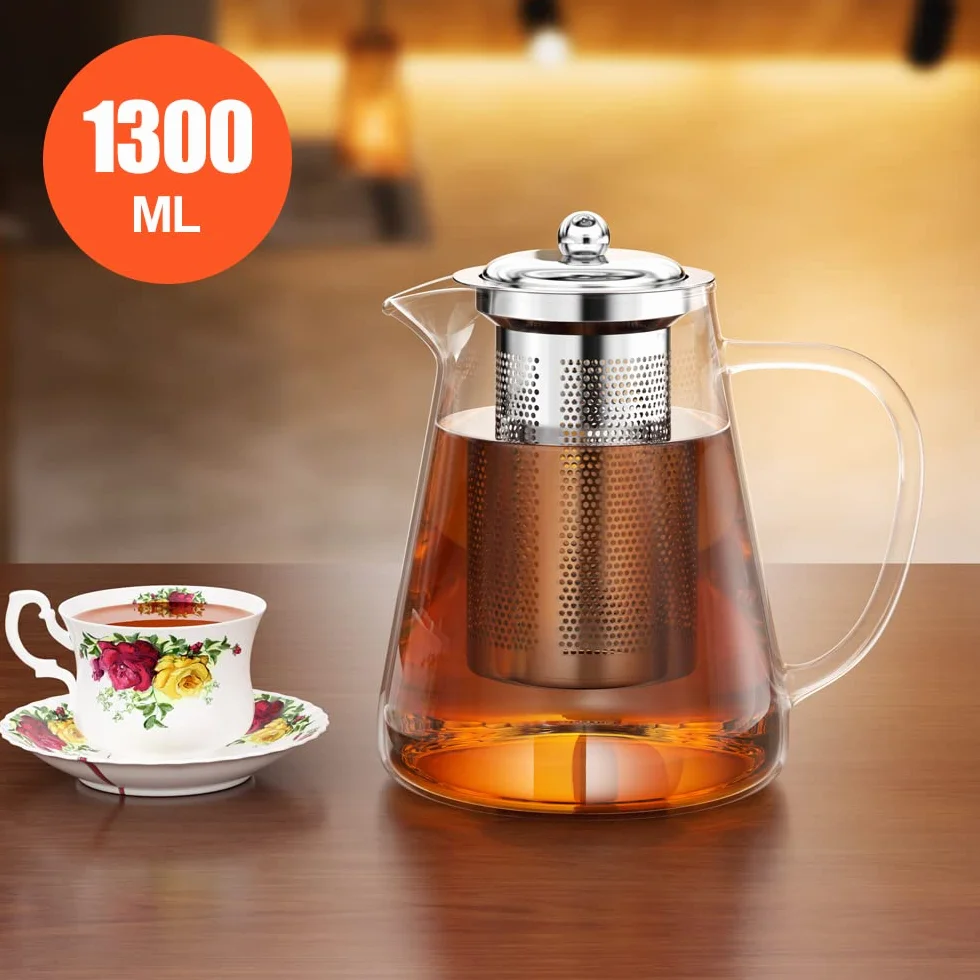 Gvolatee Szklany czajniczek 1300 ml z sitkiem, zestaw do herbaty ze szkła borokrzemianowego