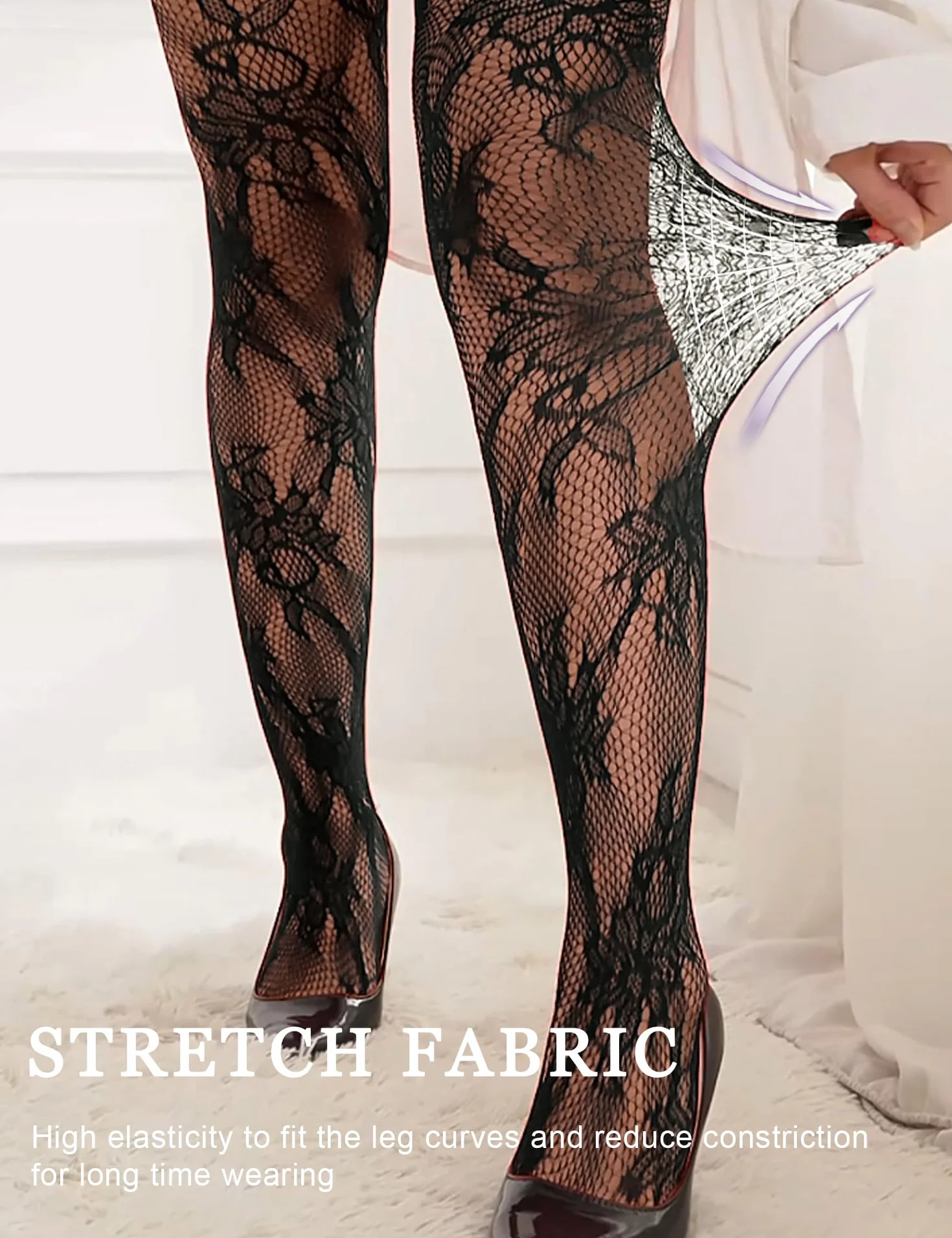 ohmydear Pończochy podwiązki Wysoka talia Seksowne pończochy cienkie pończochy siatkowe rajstopy damskie Curvy Koronkowe pończochy Fishnet Stockings z elastycznymi wzorami czarny plus size