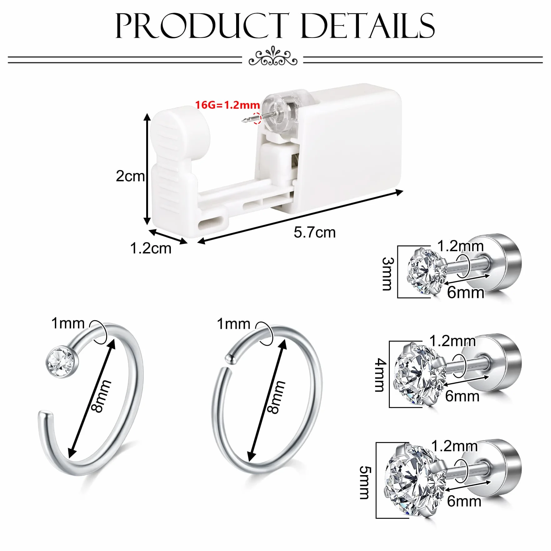 AVYRING Zestaw do przekłuwania uszu 16G ze stali nierdzewnej Tragus Conch Helix automatyczny pistolet