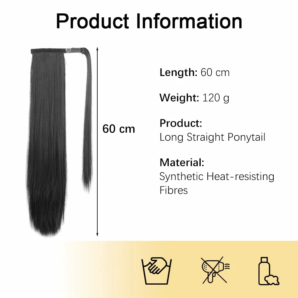 Przedłużenie włosów o długości 60 cm, gładkie włosy, przedłużenie warkocza, przedłużenie włosów z klipsem, koński ogon, sztuczne włosy, peruka dla kobiet, peruka afro (czysta czarna)