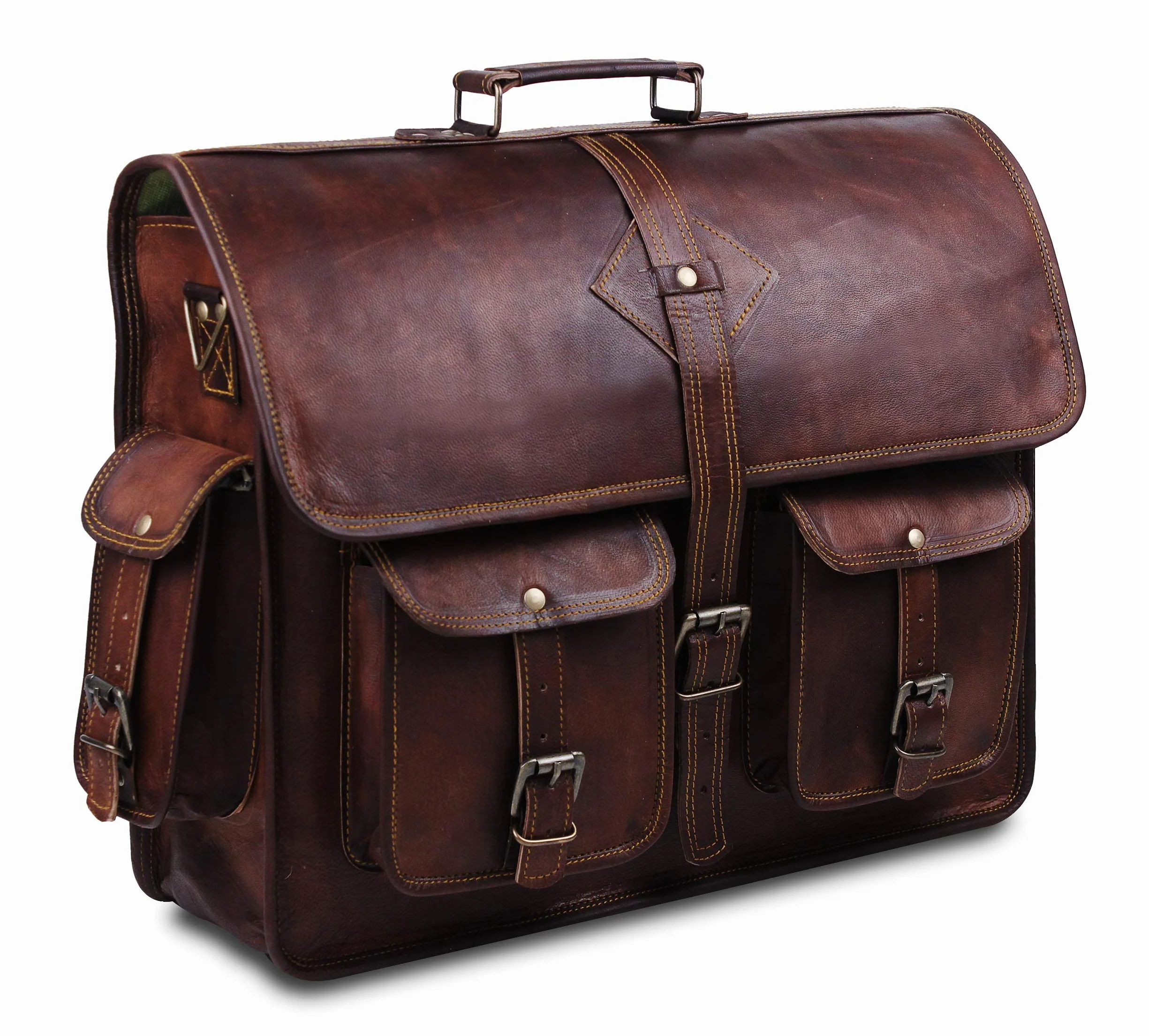 Vintage Leather Laptop Bag for Men Full Grain Large Leather Messenger bag for men 18 inches with rustic look Brown briefcase (Brown)