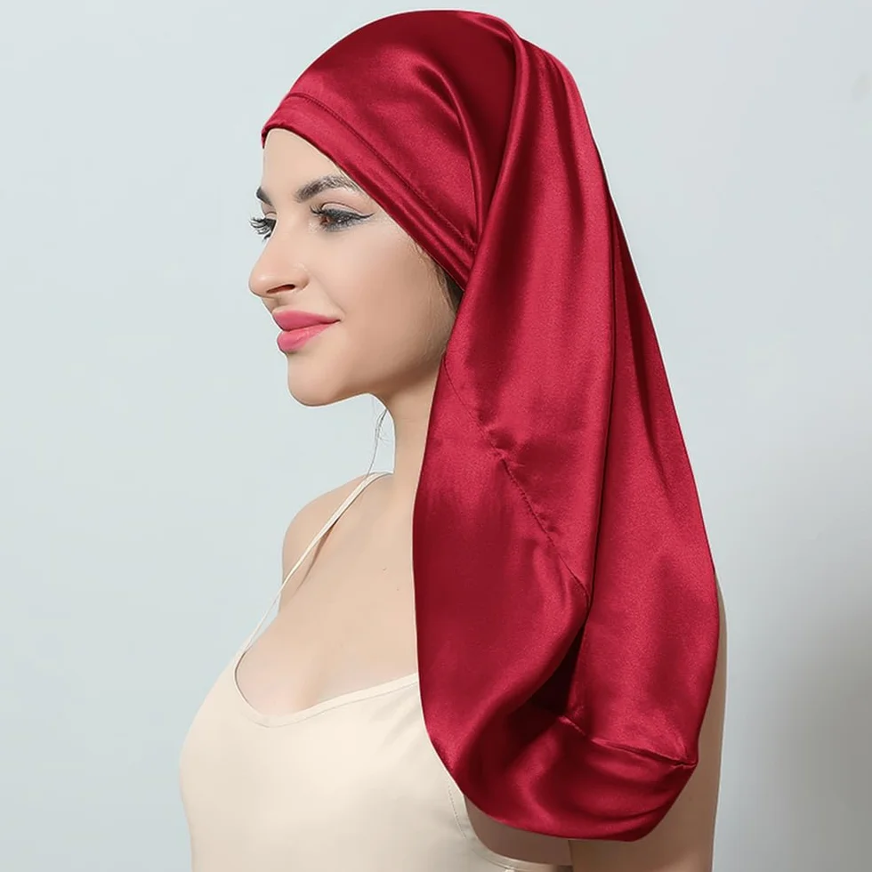 Czapka do spania Długie włosy Jedwabna nakładka na noc dla kobiet do pielęgnacji włosów (Color : Red, Size : 50CM)