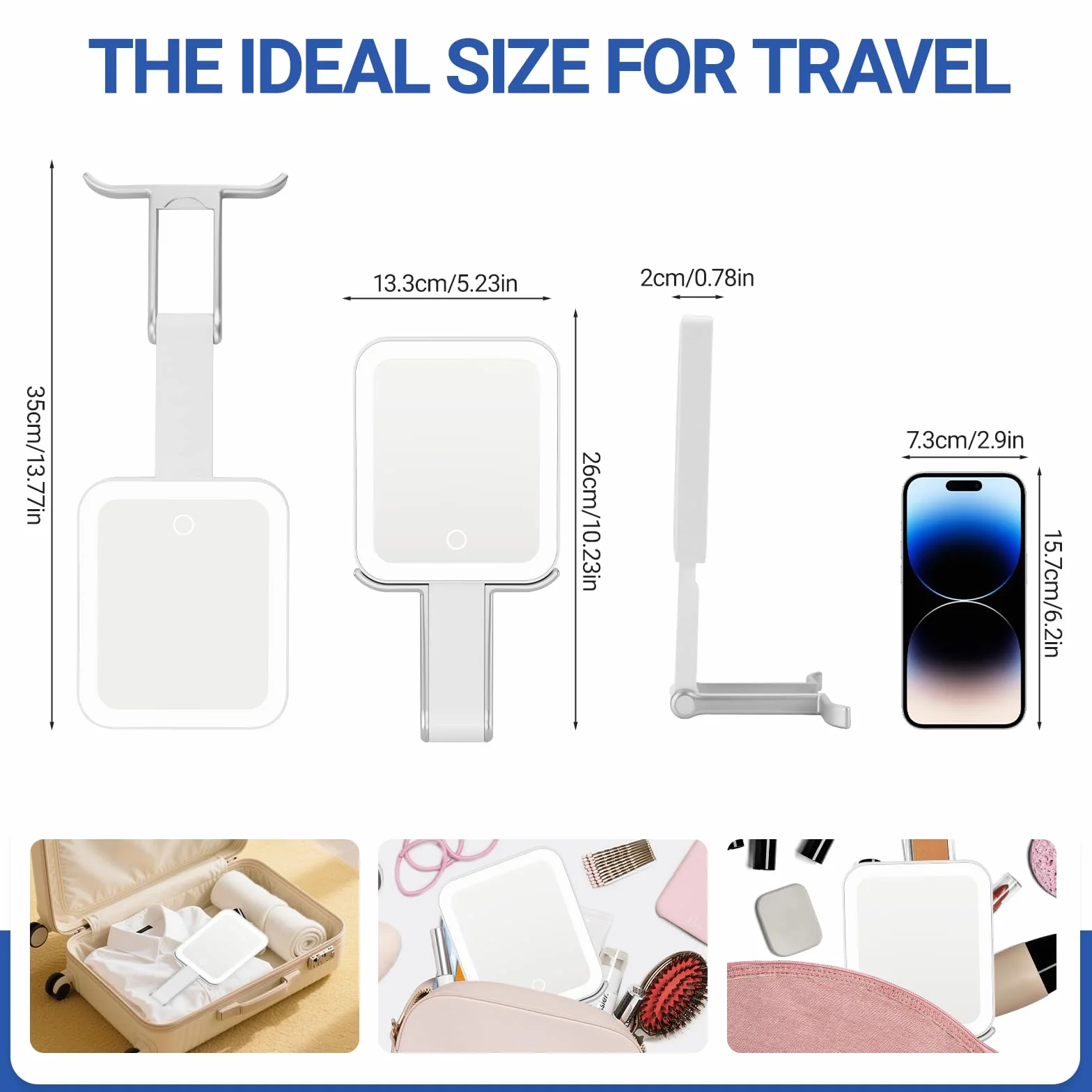 Podświetlane lustro powiększające,Lusterko powiększające z oświetleniem,Ładowalne, Regulowana jasność, 3-kolorowe oświetlenie, Składane, Ręczne/Wiszące/Stołowe, 3 opcje