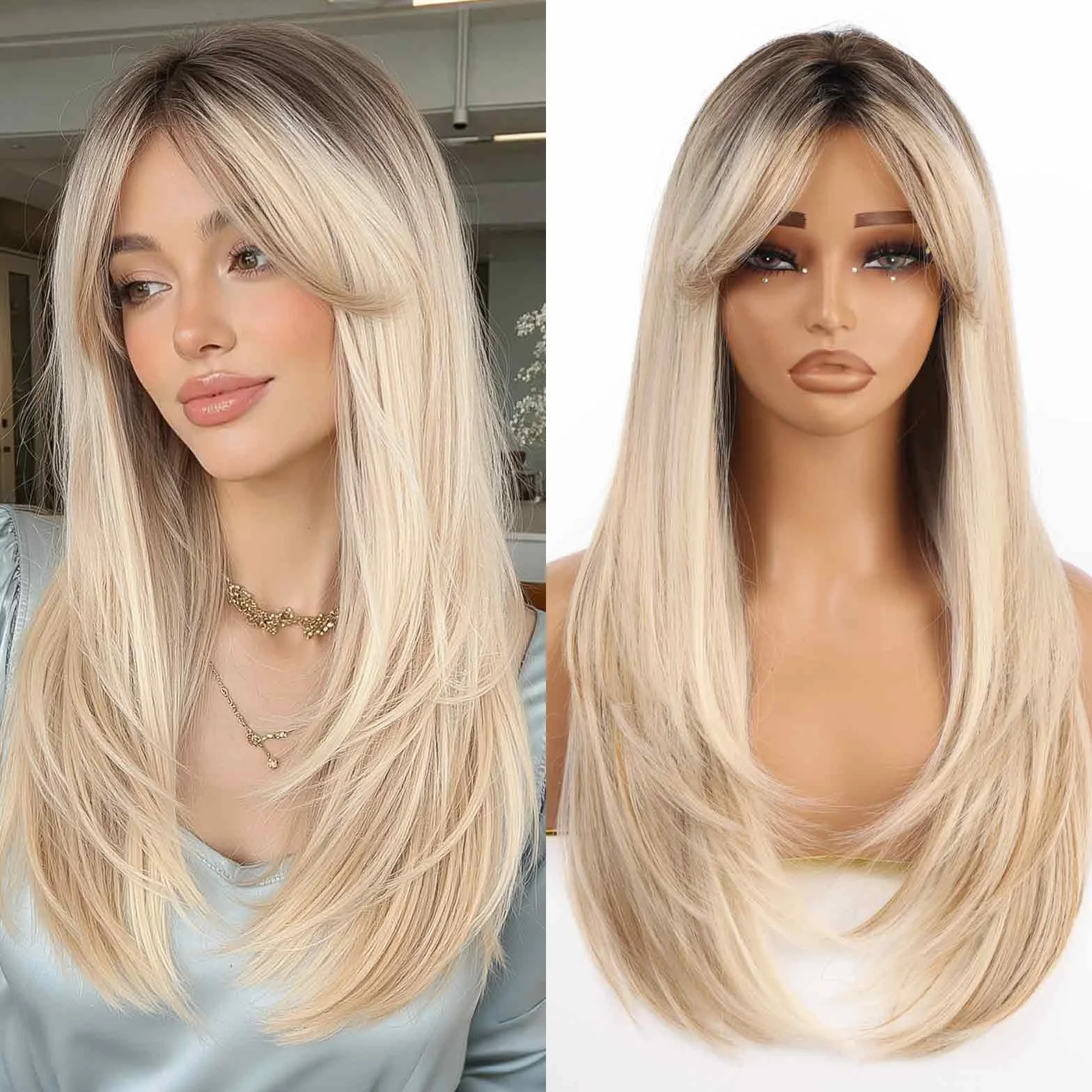 Allbell Ombre blond peruka syntetyczna 61 cm prosta warstwowa odporna na wysokie temperatury