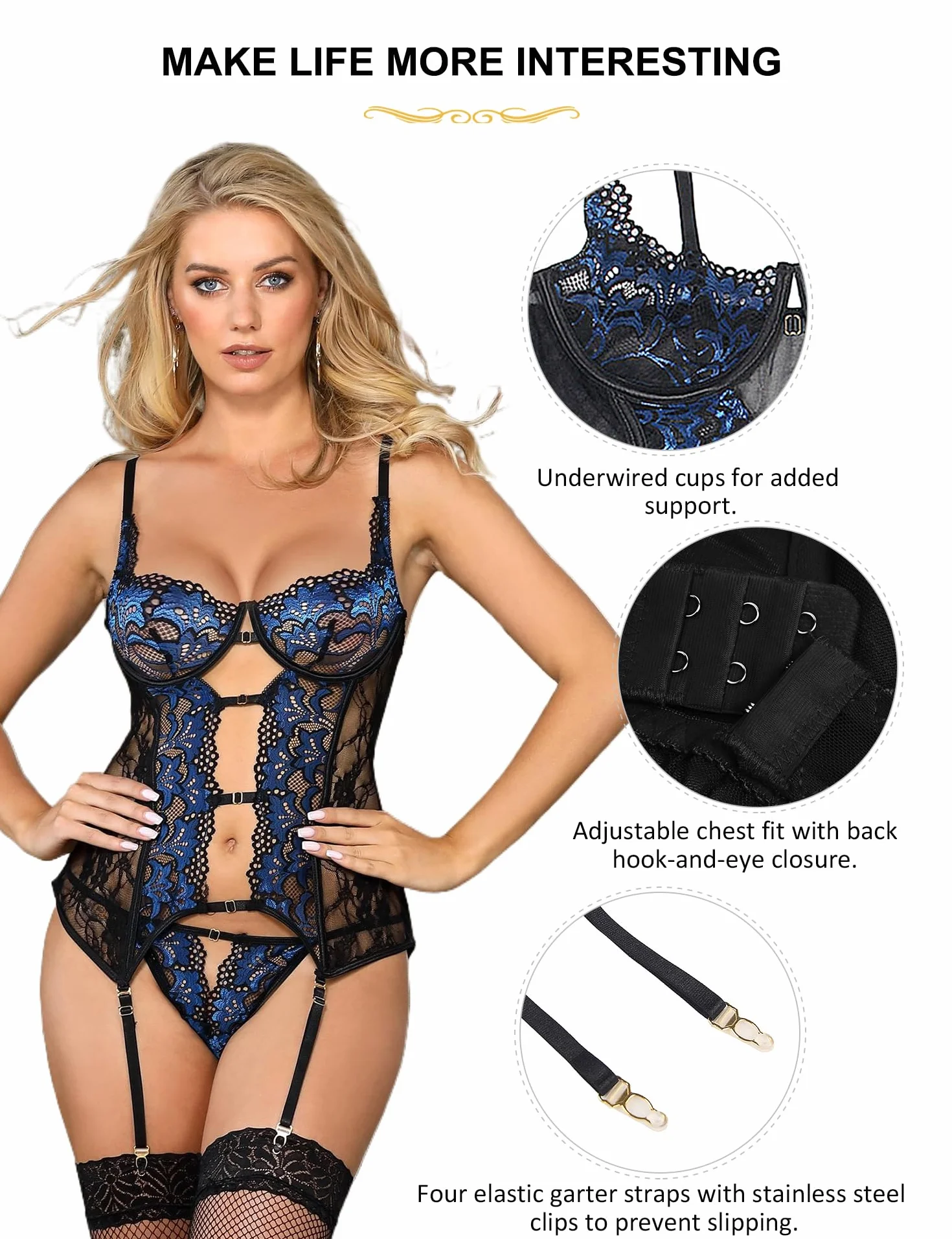 comeondear Damskie body z pasem do pończoch Babydoll koronkowa bielizna plus size
