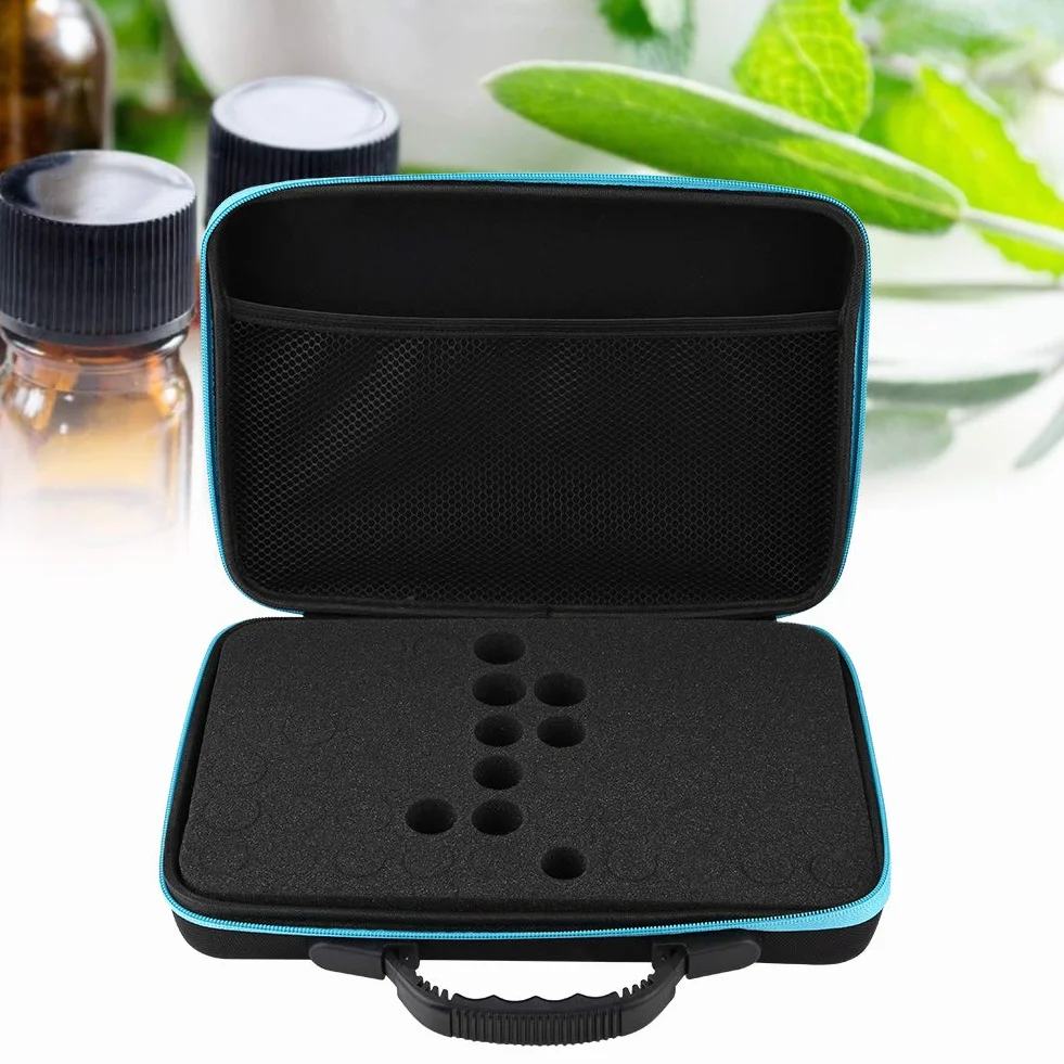Torba do przenoszenia olejków eterycznych, twarda obudowa na 60 butelek, organizer zewnętrzny, praktyczna na butelki 5 ml, 15 ml, 31 x 22,5 x 7,7 cm, niebieski, klasyczny