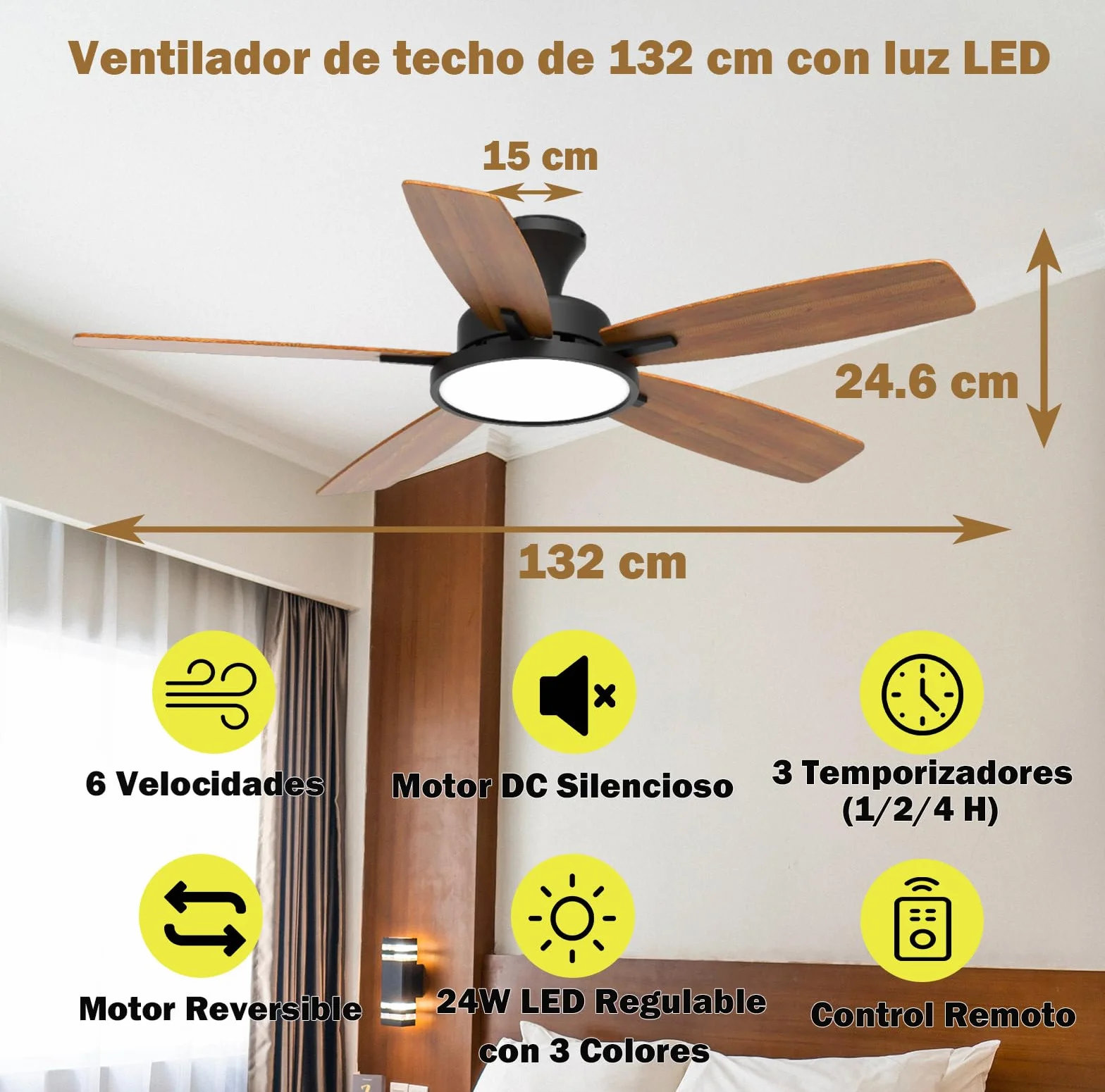 132 cm Wentylator sufitowy ze światłem LED, silnik prądu stałego, trzy rodzaje kolorów i ściemniania, czarne wykończenie, pilot zdalnego sterowania do sypialni, cichy silnik prądu stałego, 6