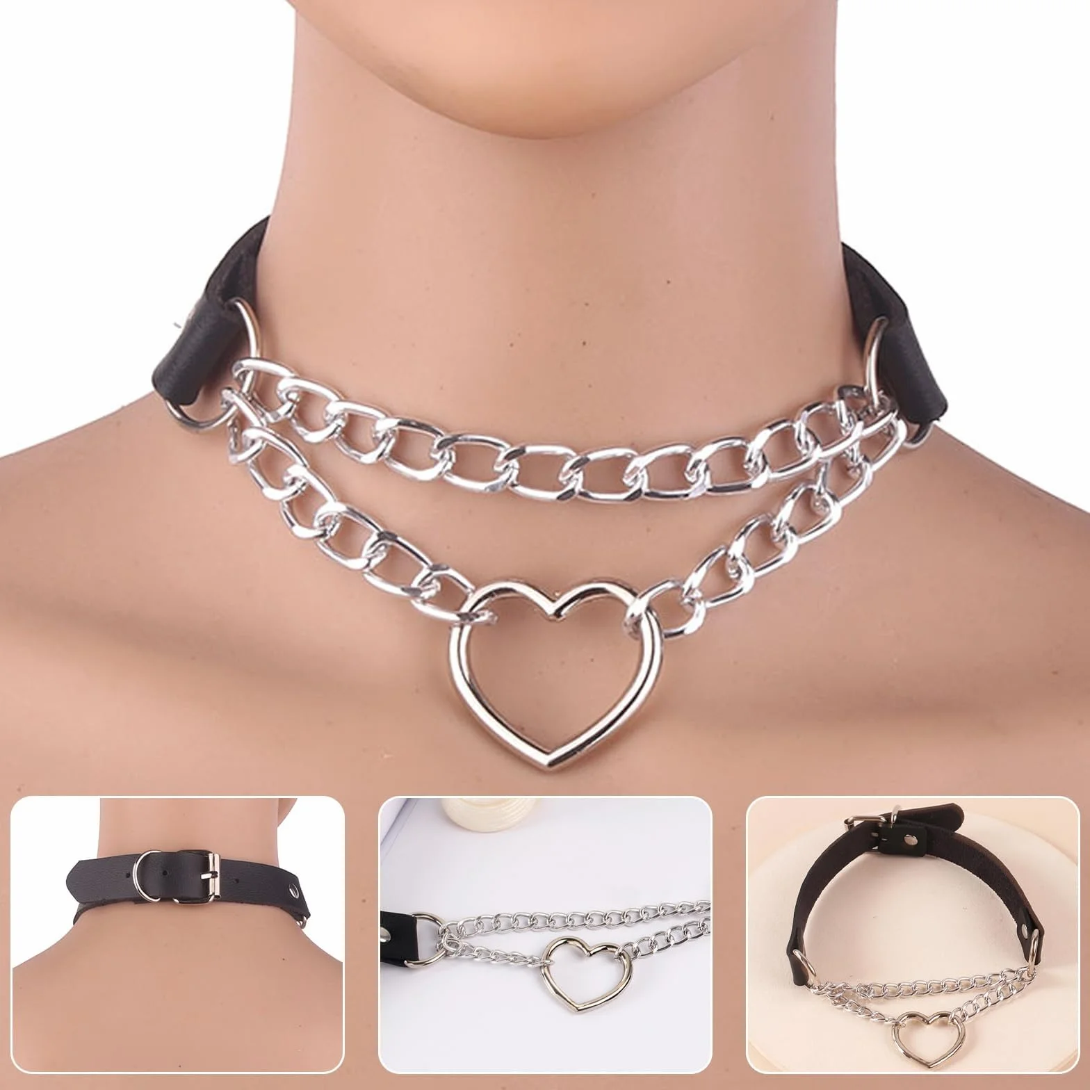 Skórzany choker w kształcie serca, czarny ćwikowy naszyjnik z ćwiekami, regulowany, PU, Jeden rozmiar