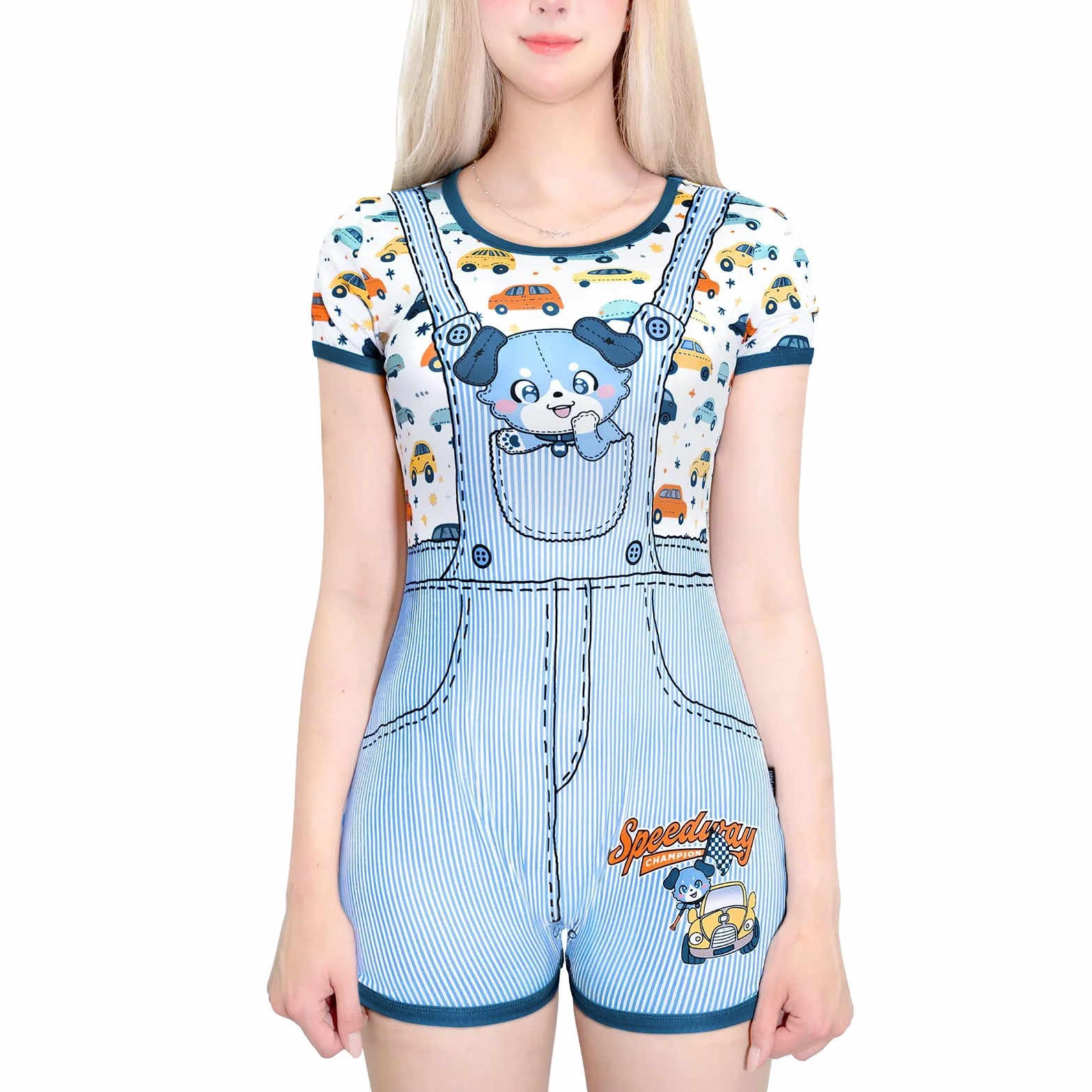LittleForBig Jedwabiste śpioszki Onesie Piżama Bodysuit - Little Blue Furrytail Racecar śpioszki