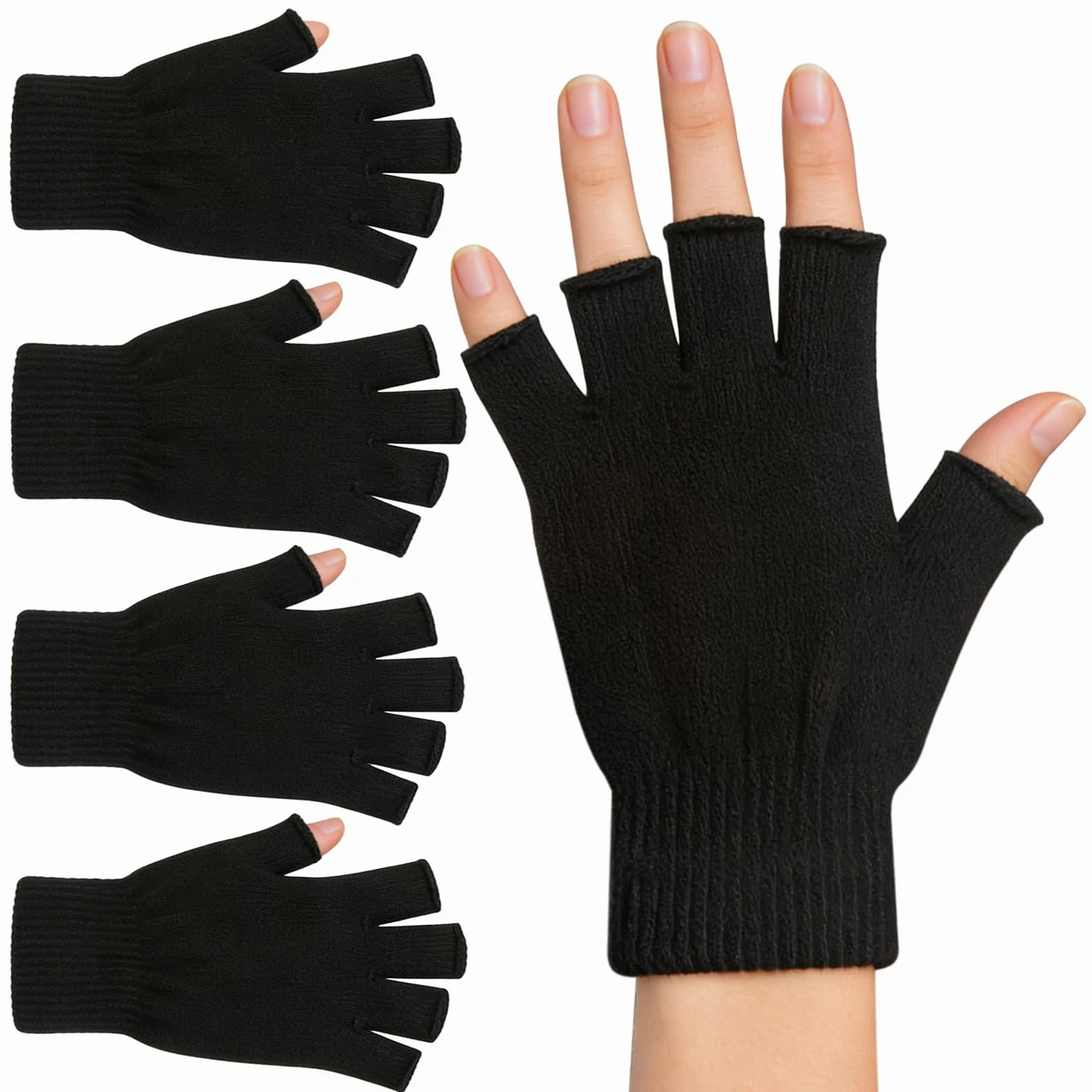 2 Pair Half Finger Gloves Winter Knit Touchscreen Warm Stretchy Mittens Fingerless Gloves in Common Size for Men and Women,black
