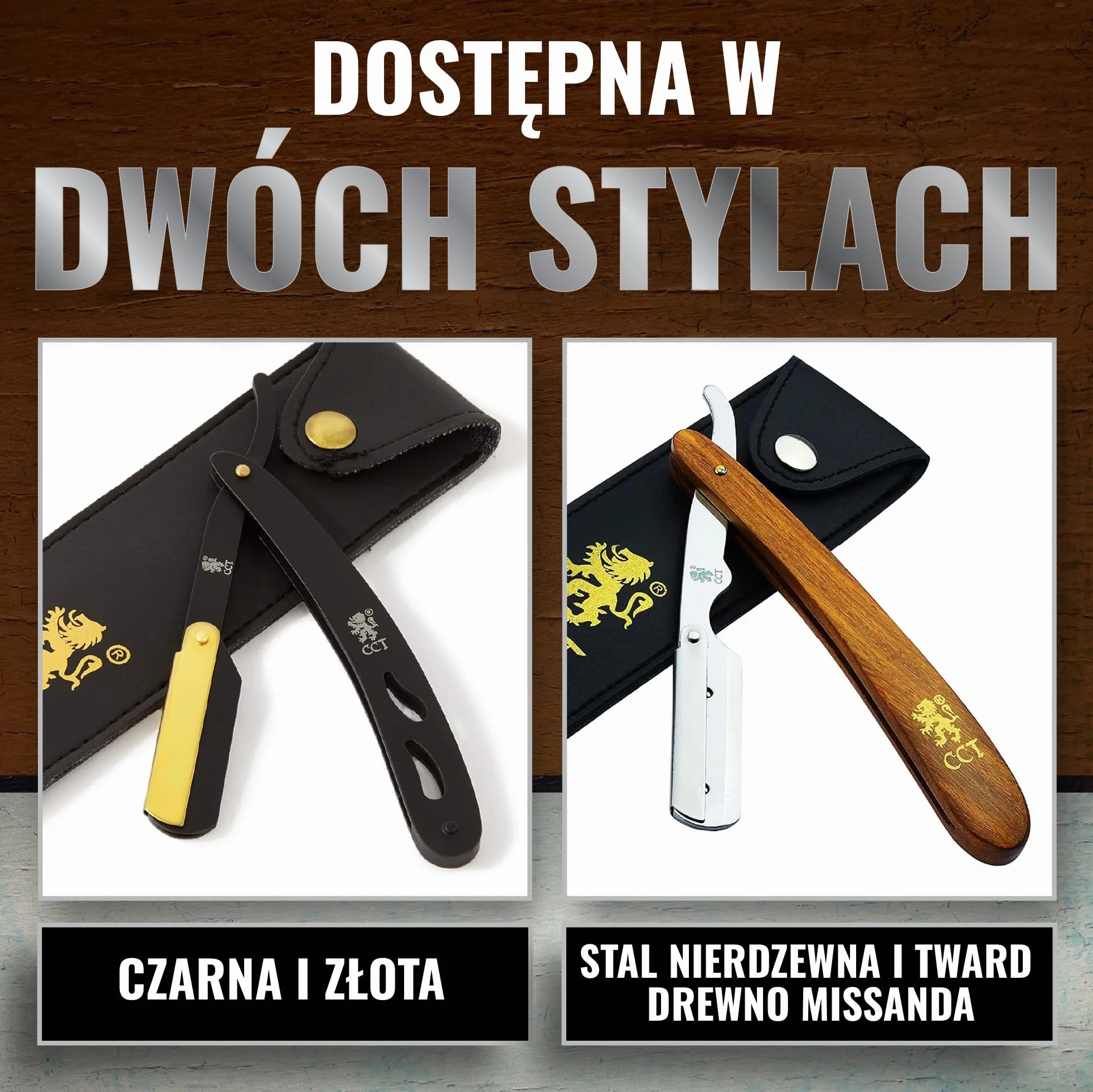 Profesjonalny zestaw brzytwy The Cambridge Cutthroat® Missanda z Drewna i Stali Nierdzewnej, brzytwa z pojedynczym ostrzem premium, do stylizacji wąsów i brody, z etui podróżnym