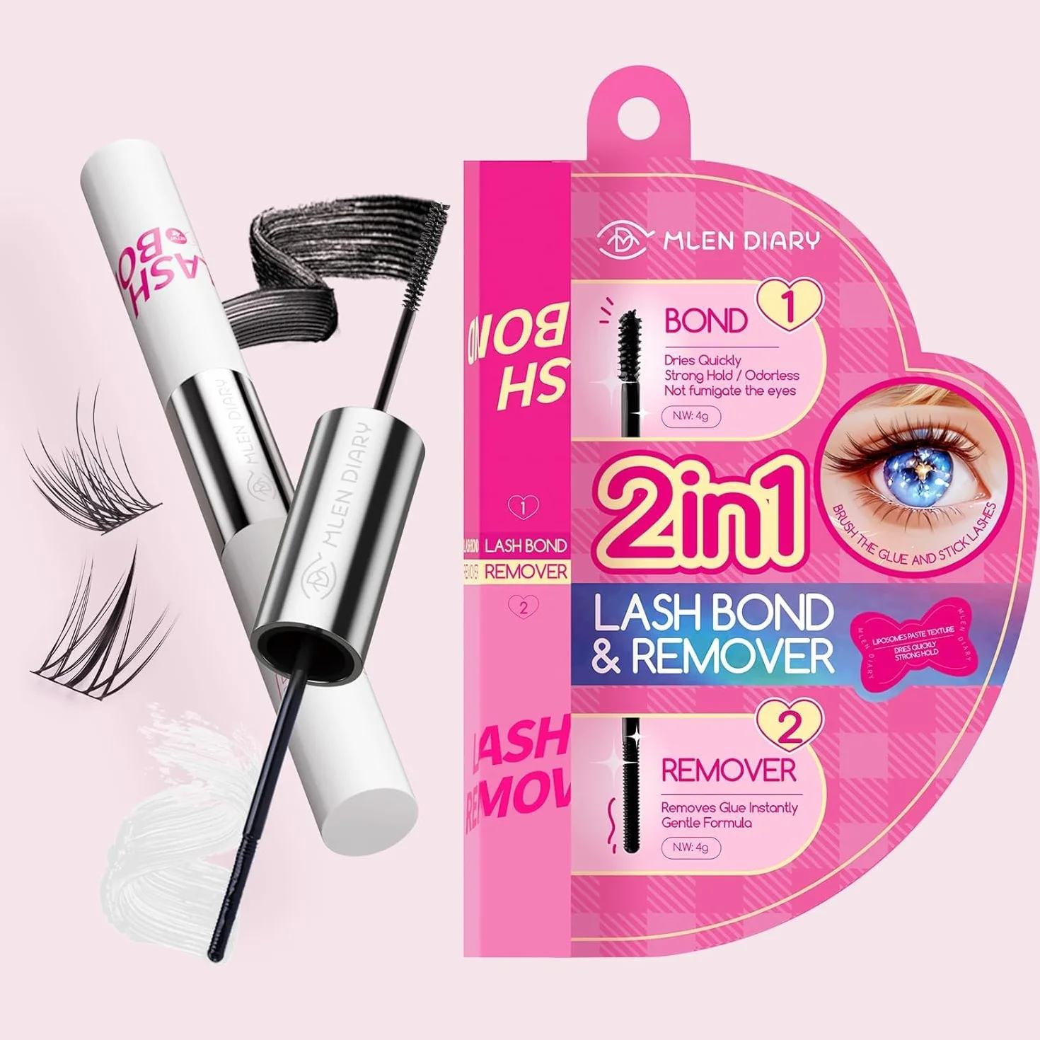 Mlen Diary Lash Bond and Sealer, 2 w 1 Eyelash Bond For Cluster Lashes, wodoodporny i trwały, usuwa rzęsy szybko w 5 sekund, bez pozostawiania śladów