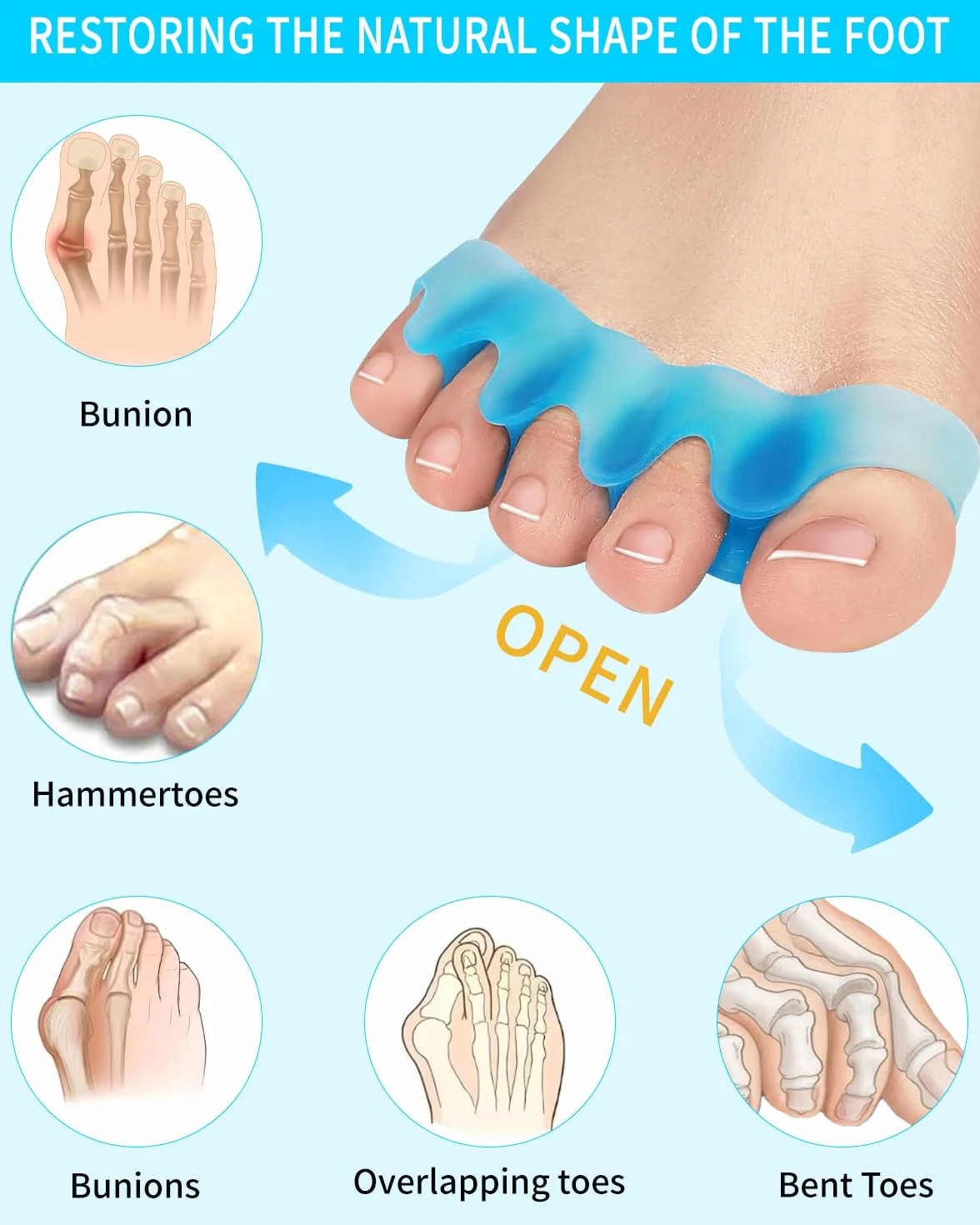 Huifoo 6 sztuk separatorów palców z silikonu, separator palców z silikonu dla prawidłowego hallux valgus, separator palców do pedicure hallux valgus, uniwersalny rozmiar dla kobiet i mężczyzn
