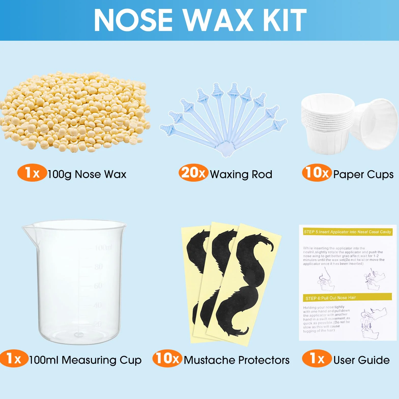 Nose Wax Kit, wosk do włosów w nosie, wosk do nosa z 100 g ziaren wosku, 20 pałeczek do włosów w nosie, 10 pojemników, 1 kubek z miarką 100 ml, 10 naklejek na brodę, wosk do usuwania włosów z