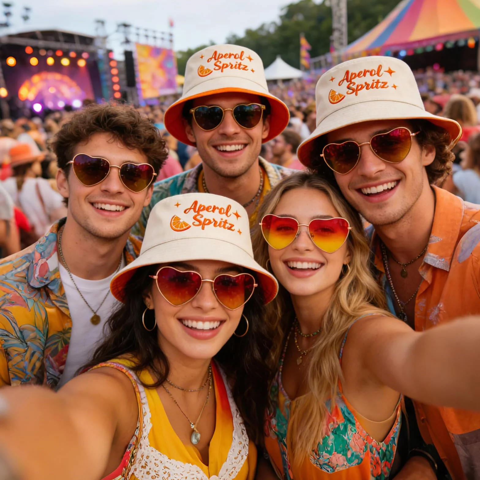 Aperol kapelusz rybacki, kapelusz wędkarski, Aperol Spritz, prezent, retro, pomarańczowe okulary w kształcie serca, na karnawał, do kostiumu, na imprezę, akcesoria na lato, outdoor, kapelusz