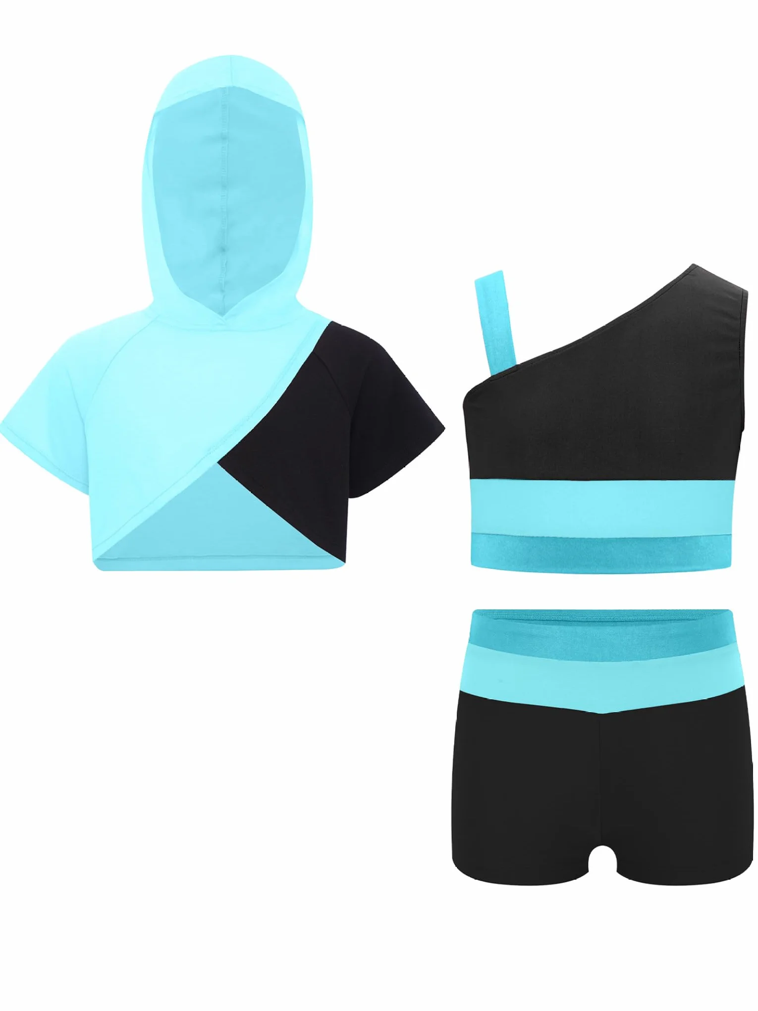 Dziewczęcy dres treningowy z krótkim rękawem, bluza z kapturem, krótki rękaw, tank top i szorty, zestaw odzieży dla dziewczynek, na lato, do tańca, treningu, biegania
