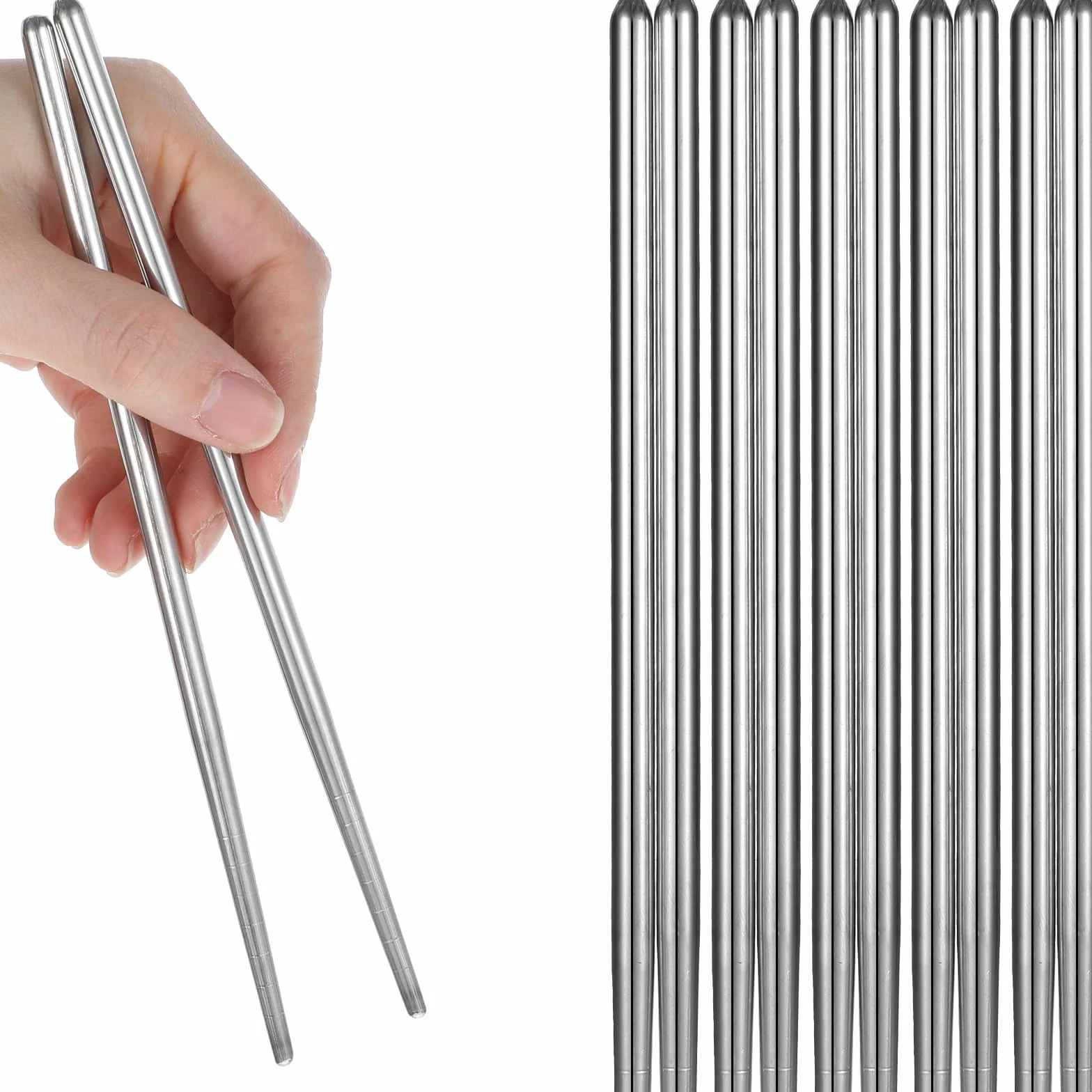 JIEYAO 5 par pałeczek ze stali nierdzewnej premium, 18 cm, antypoślizgowe, metalowe, wielokrotnego użytku, srebrne, lekkie pałeczki, nadają się do mycia w zmywarce, do domu, kuchni, hotelu