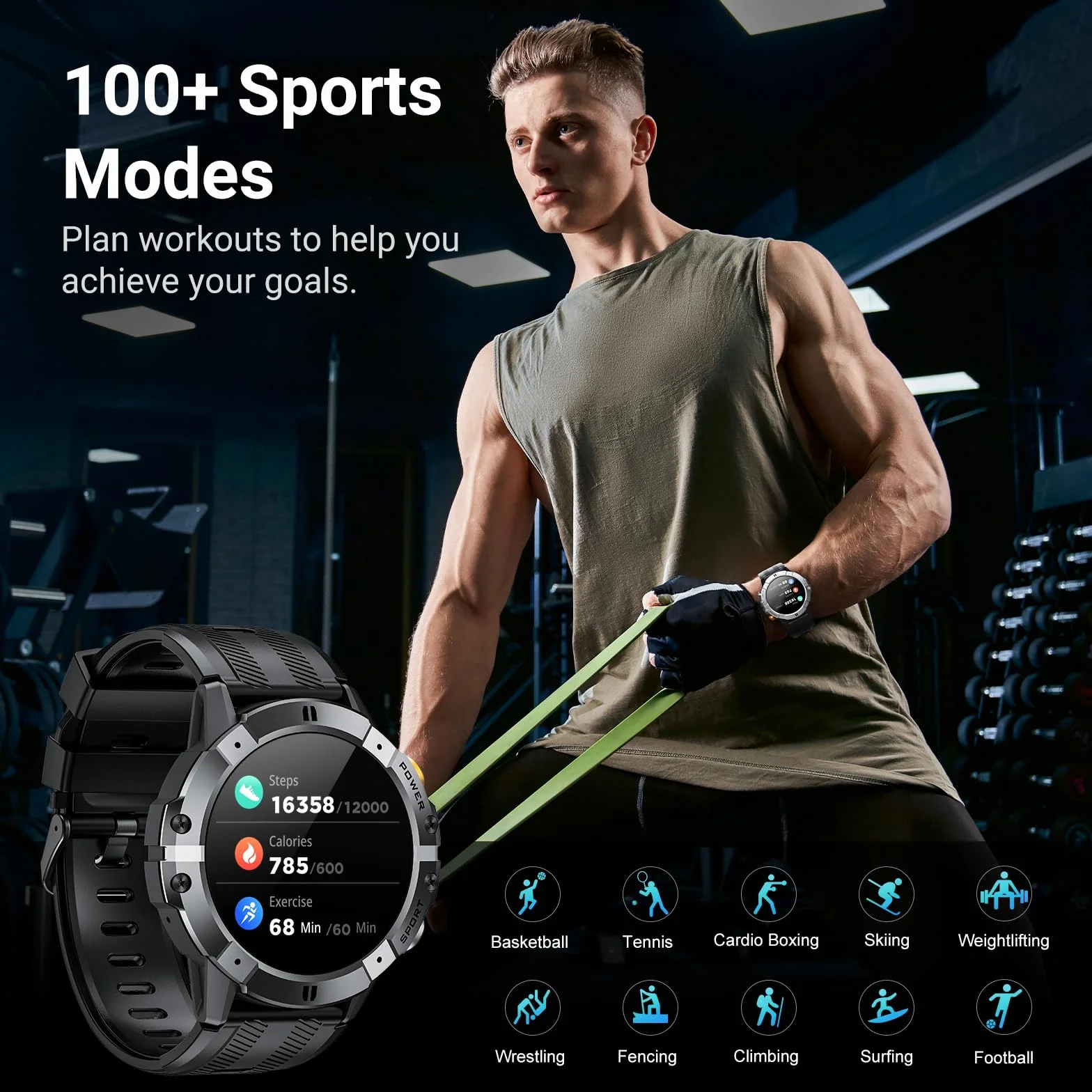 VIRAN Smartwatch męski, 1,52" Smart Watch z pomiarem ciśnienia krwi, wodoszczelność IP68, zegarek fitness ze SpO2, pulsometrem i monitorowaniem snu, zegarek fitness / zegarek sportowy z ponad 100